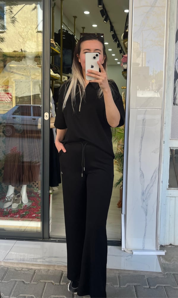 Yakalı Fermuarlı Kısa Kol Modal Takım Siyah