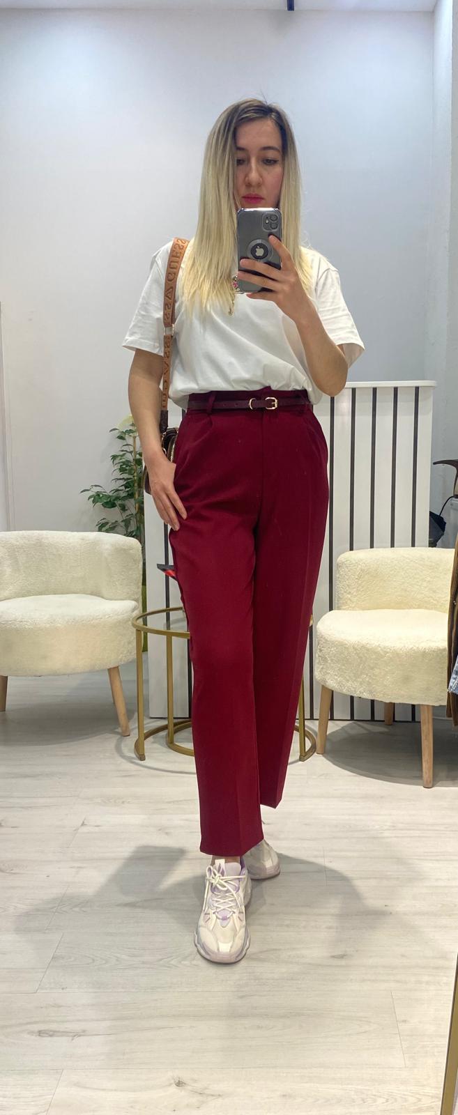 Yanları Yırtmaçlı Bilek Paça Pantolon - Bordo