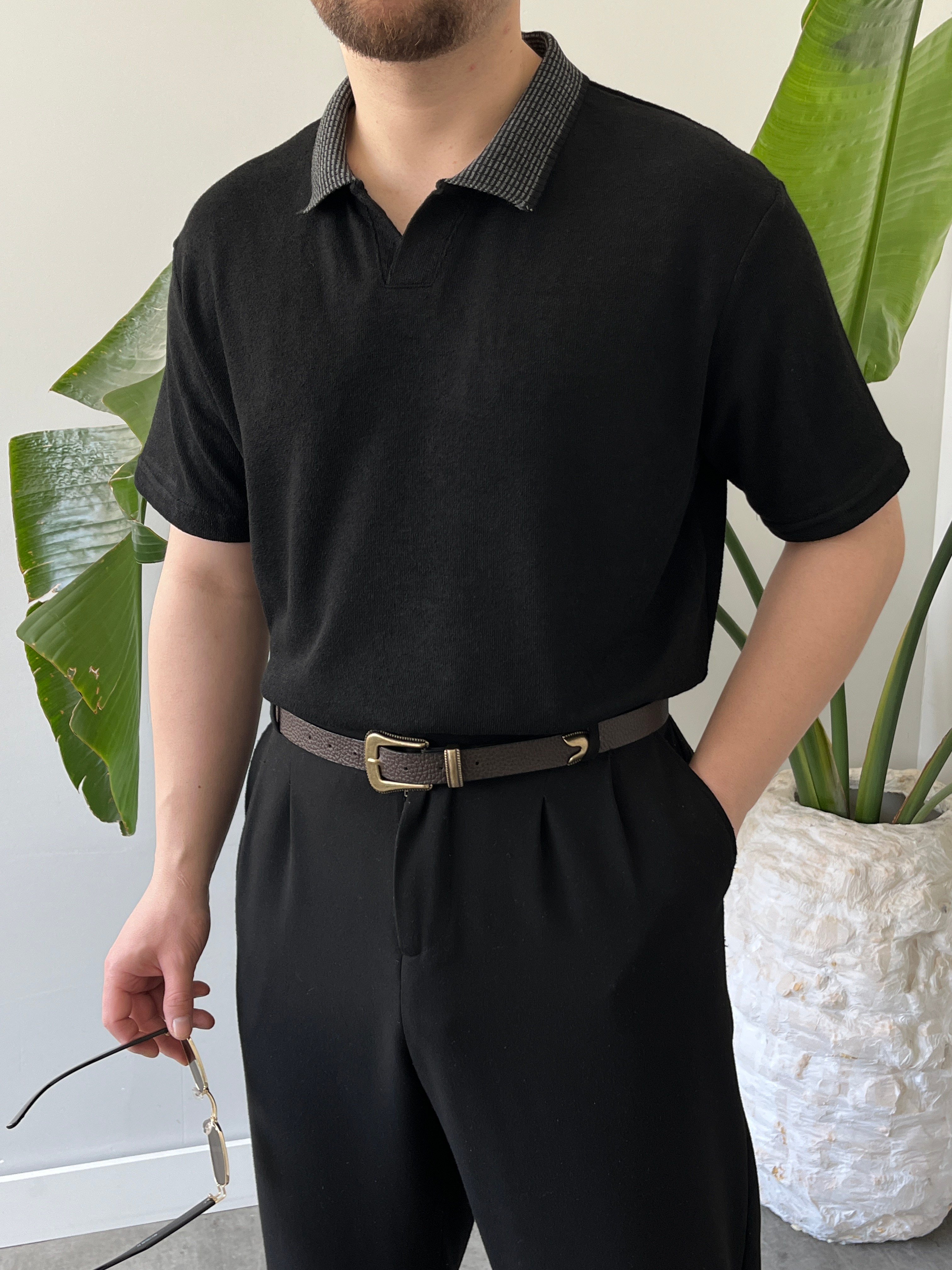 Basic Polo Yaka Siyah   Tişört 