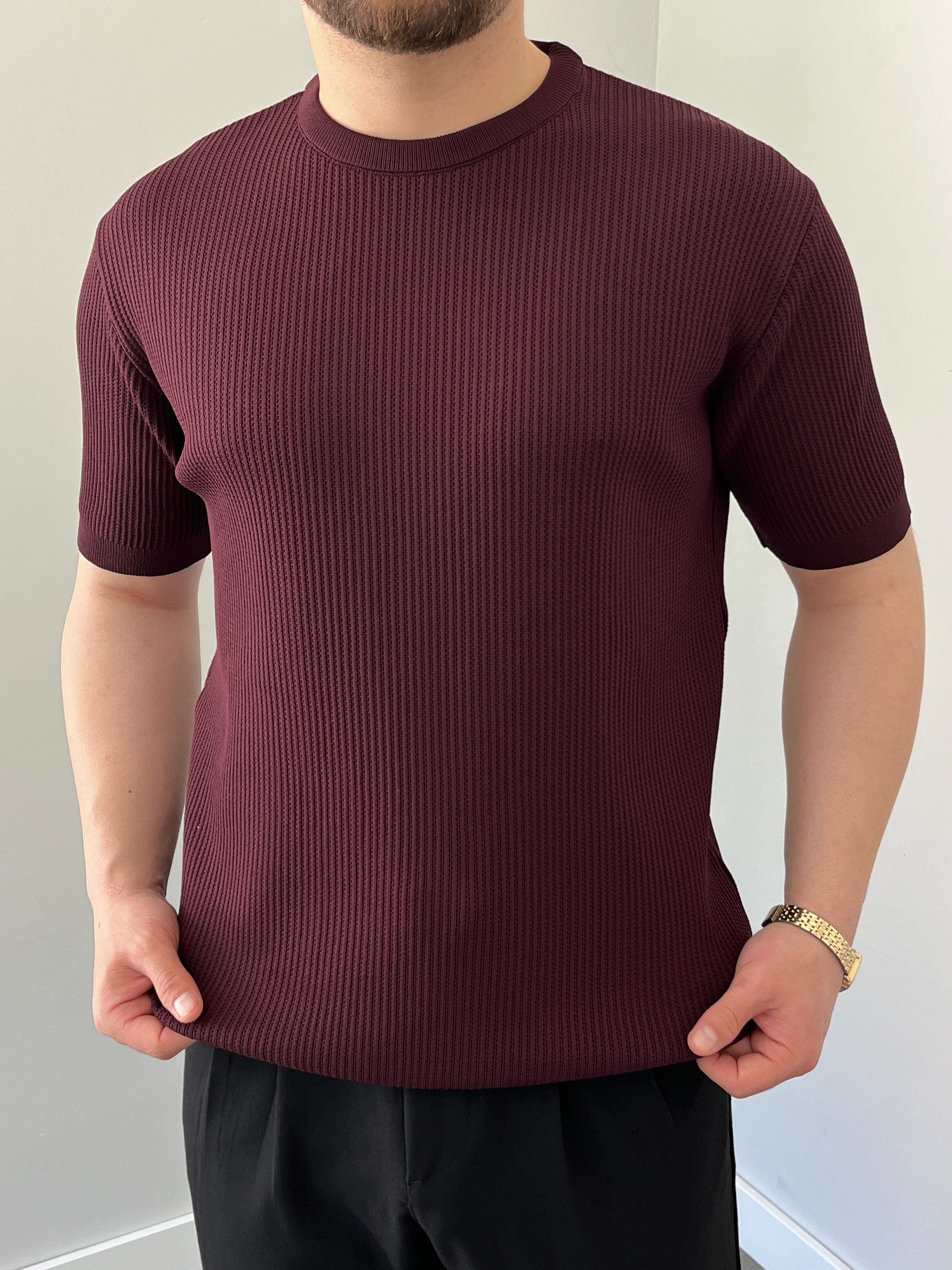 Bisiklet Yaka Örgü .Desen Triko Tshirt Bordo