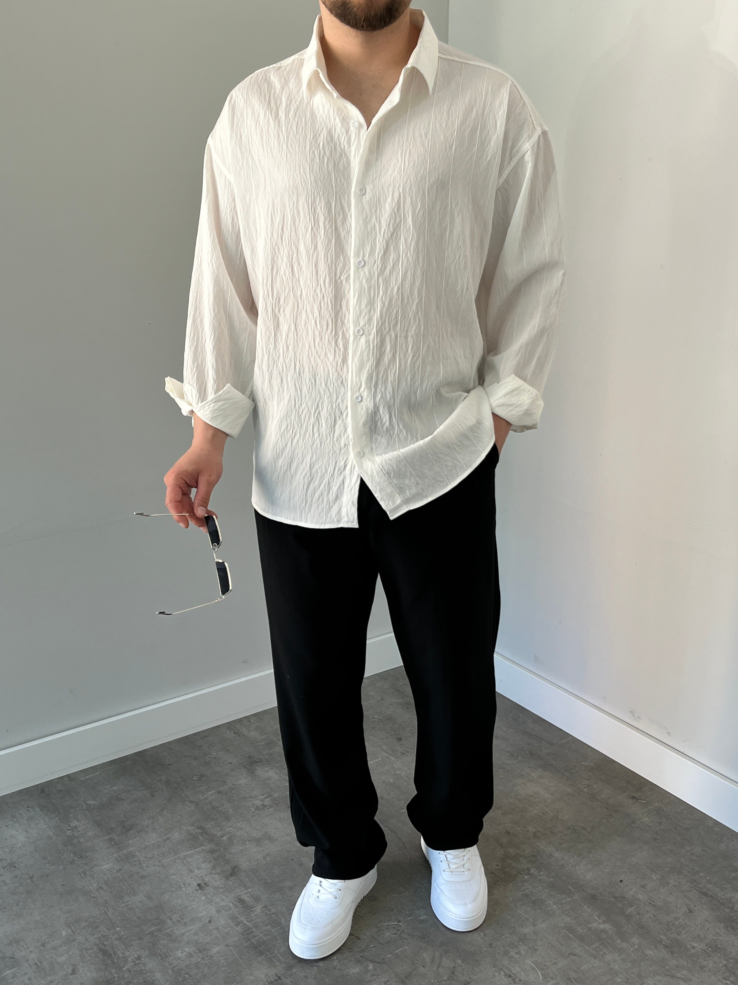 Çizgili Oversize Gömlek Beyaz