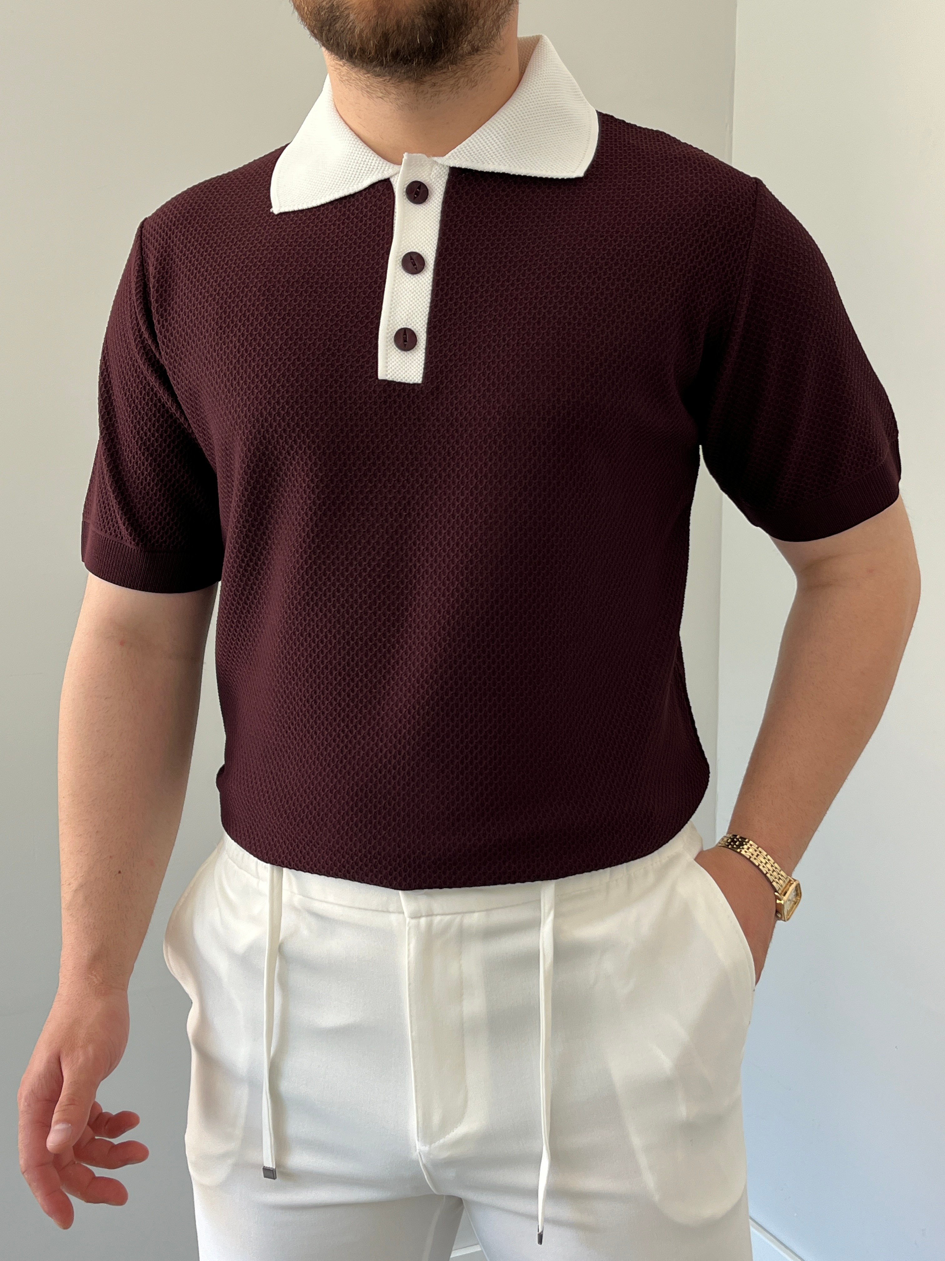 Düğmeli Polo Yaka Triko Tshirt Bordo
