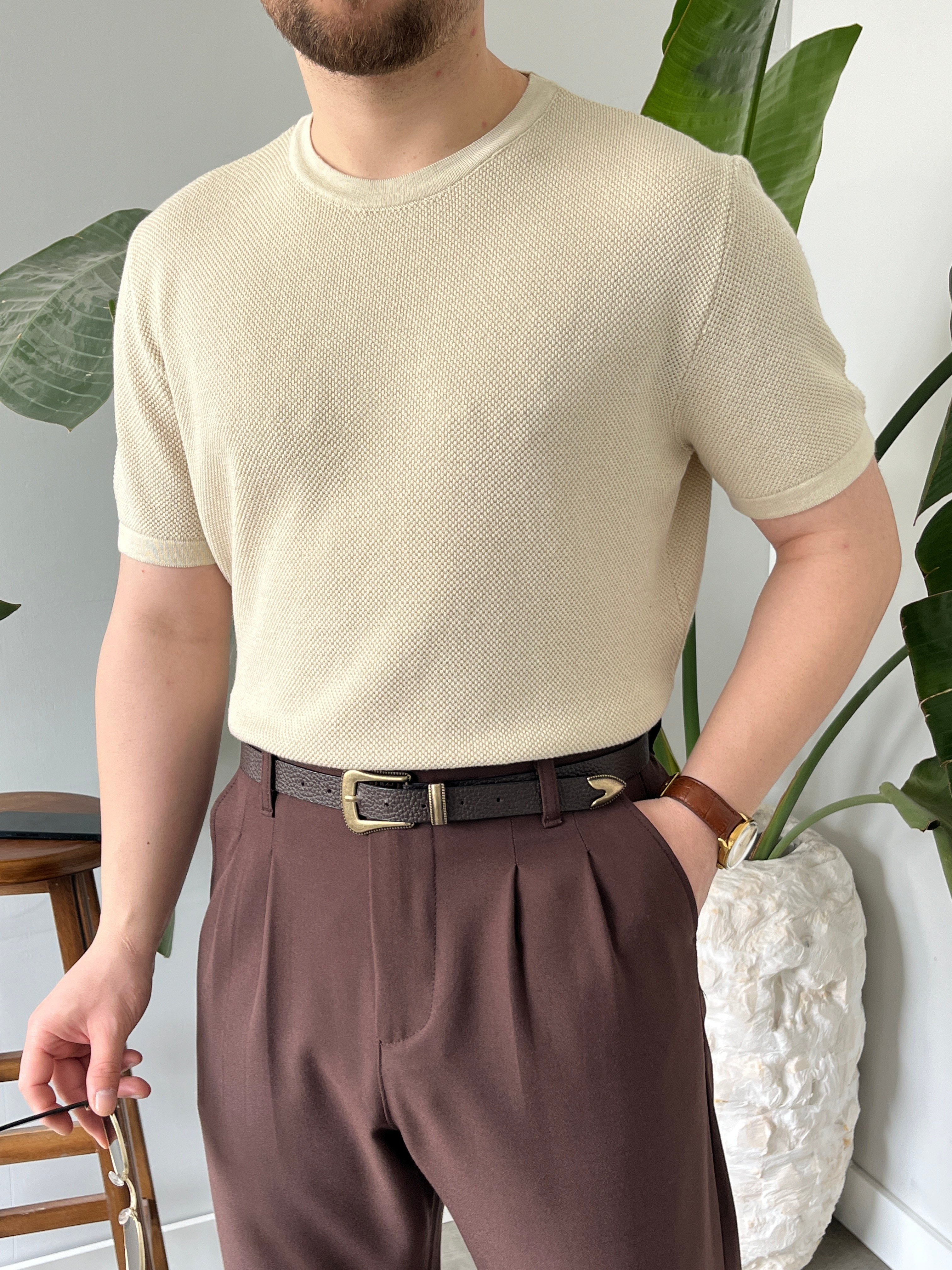 Pirinç Örgülü Basic Triko Krem