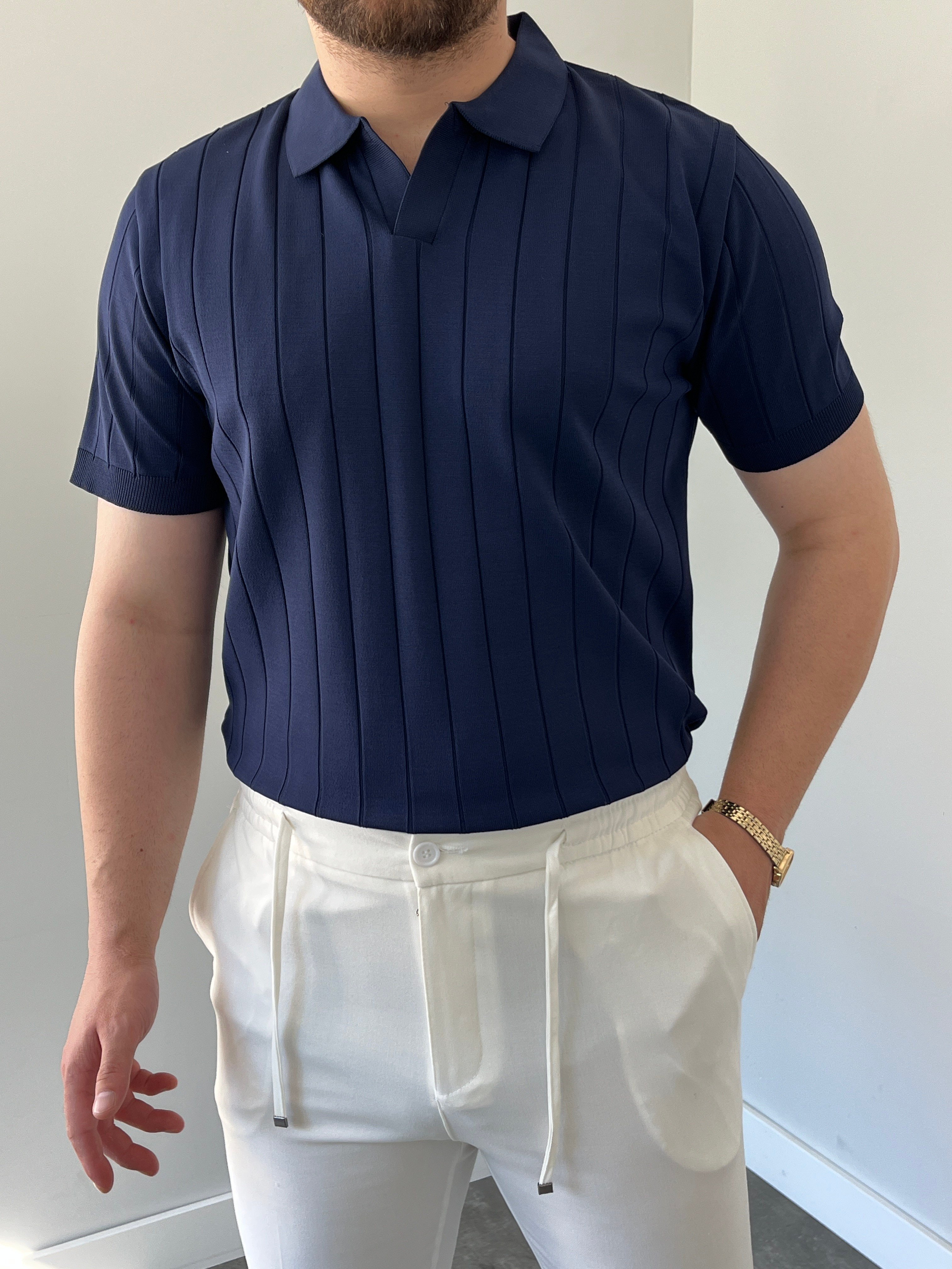 Premium Dokulu Dikey Çizgili Triko Tişört Lacivert