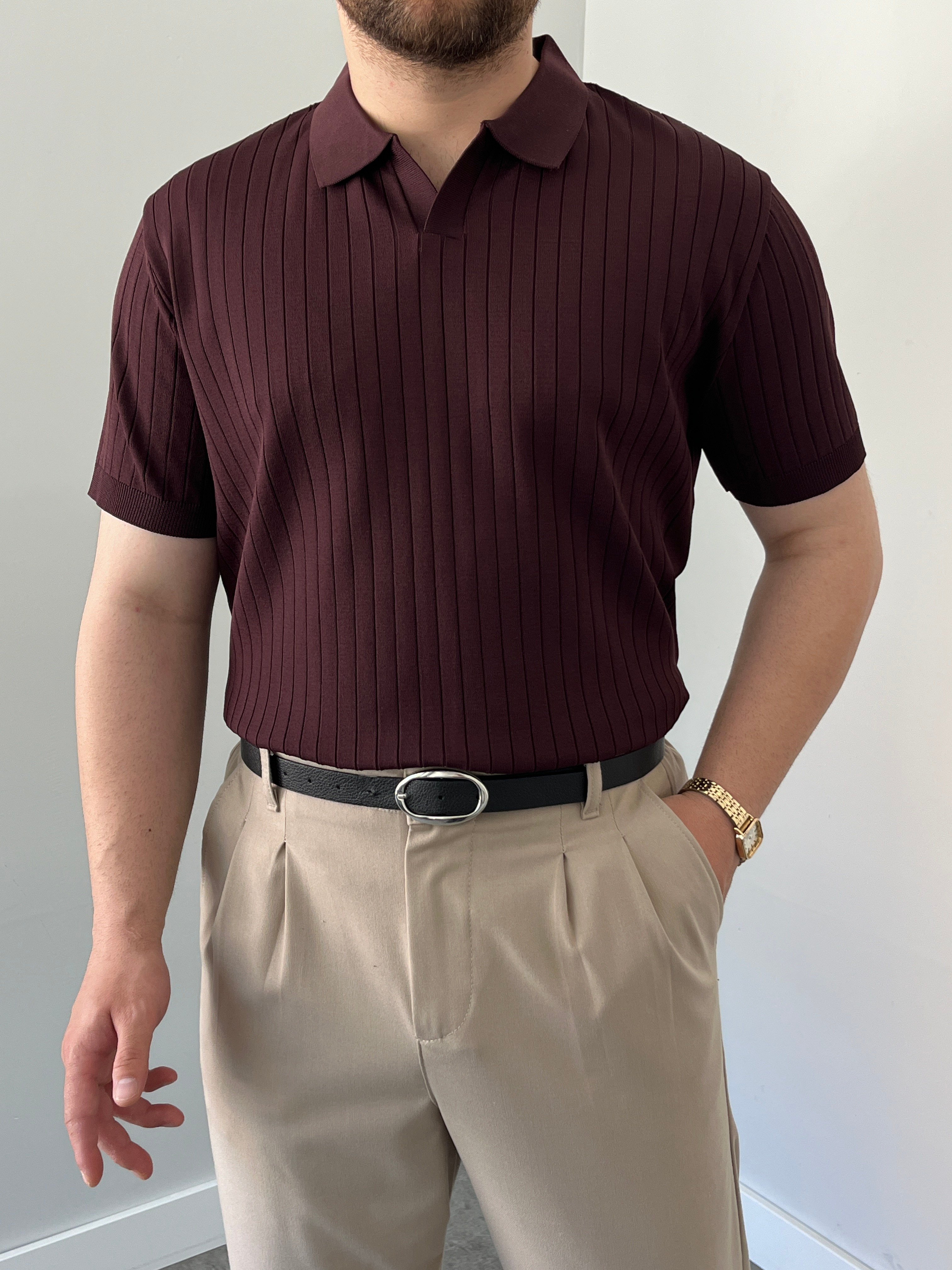 Premium Dokulu Hemşire Yaka Triko Tişört Bordo
