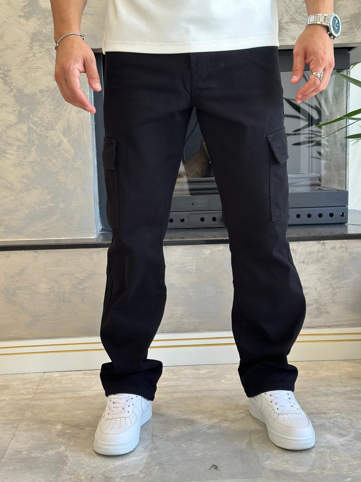 Erkek Baggy Kalıp Denim Kargo Pantolon Siyah Eca038