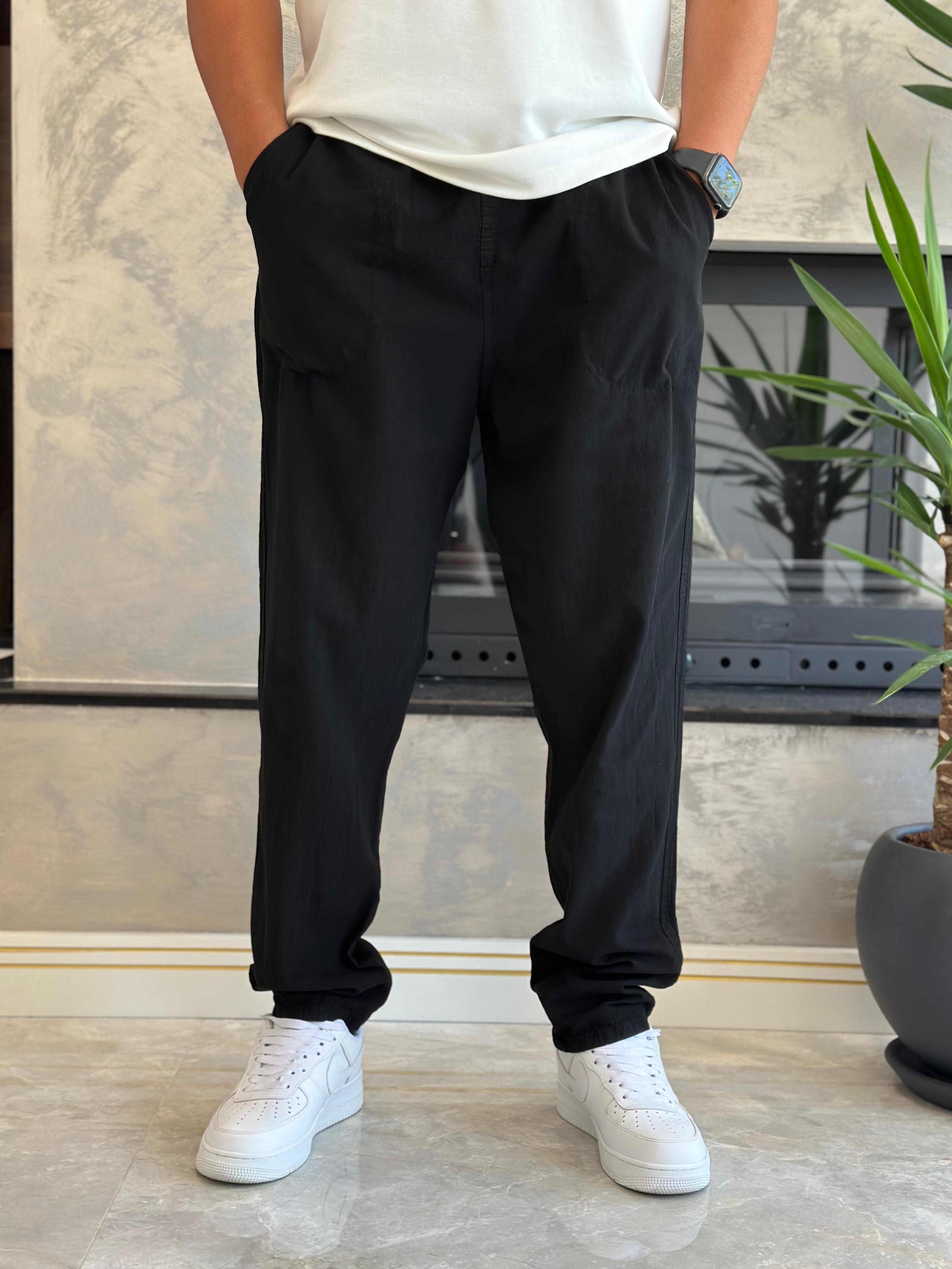 Erkek Beli Bağcıklı Baggy Kalıp Keten Pantolon Siyah Eca005
