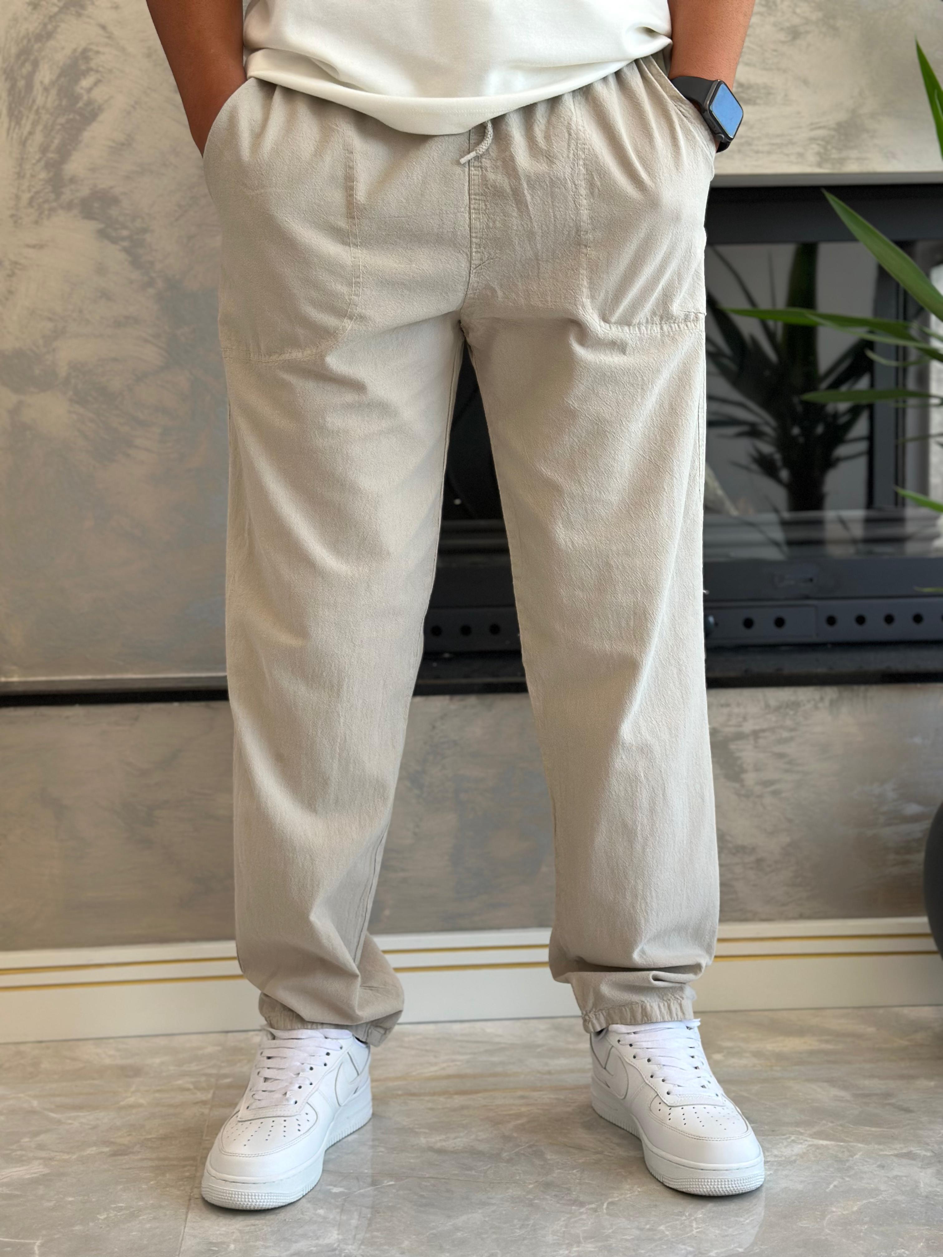 Erkek Beli Bağcıklı Baggy Kalıp Keten Pantolon Bej Eca005