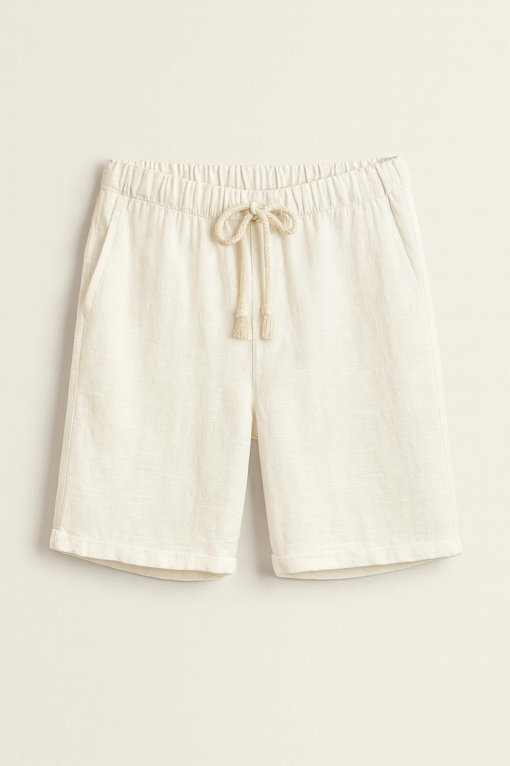 Erkek Beli Bağcıklı Relaxed Fit Keten Şort Krem Eca027