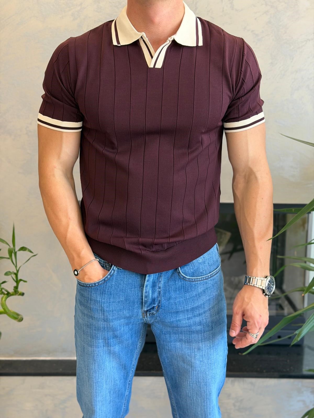Erkek Kontrast Regular Fit Polo Yaka Tshirt Bordo Eca078