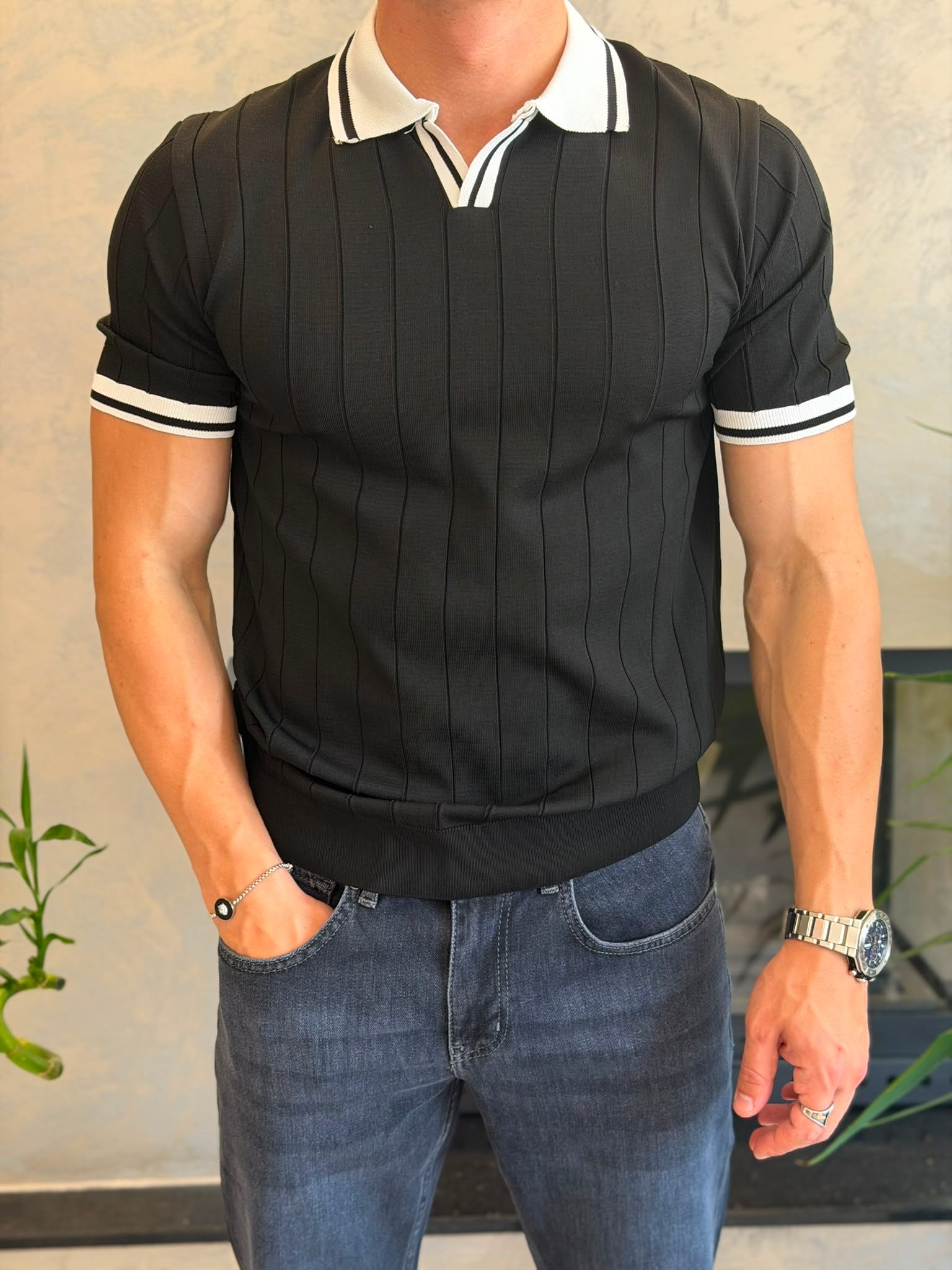Erkek Kontrast Regular Fit Polo Yaka Tshirt Siyah  Eca078