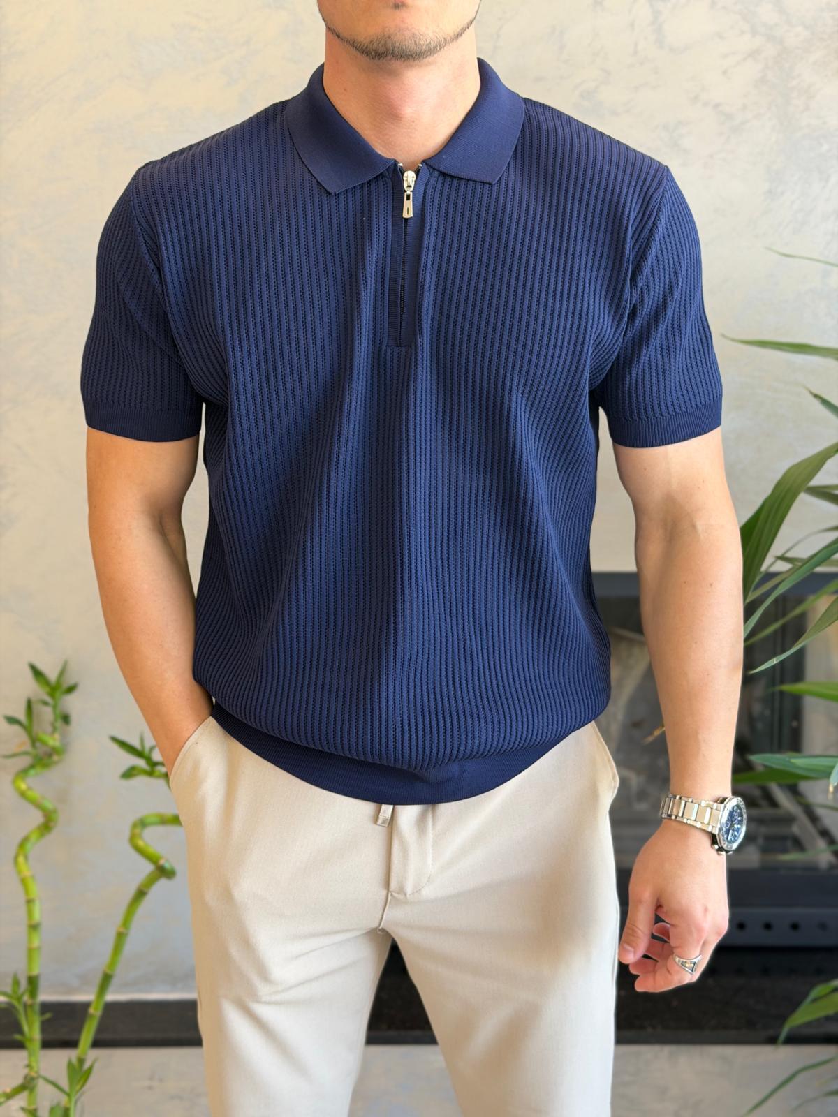 Erkek Regular Fit Dokulu Fermuarlı Tshirt Lacivert Eca067