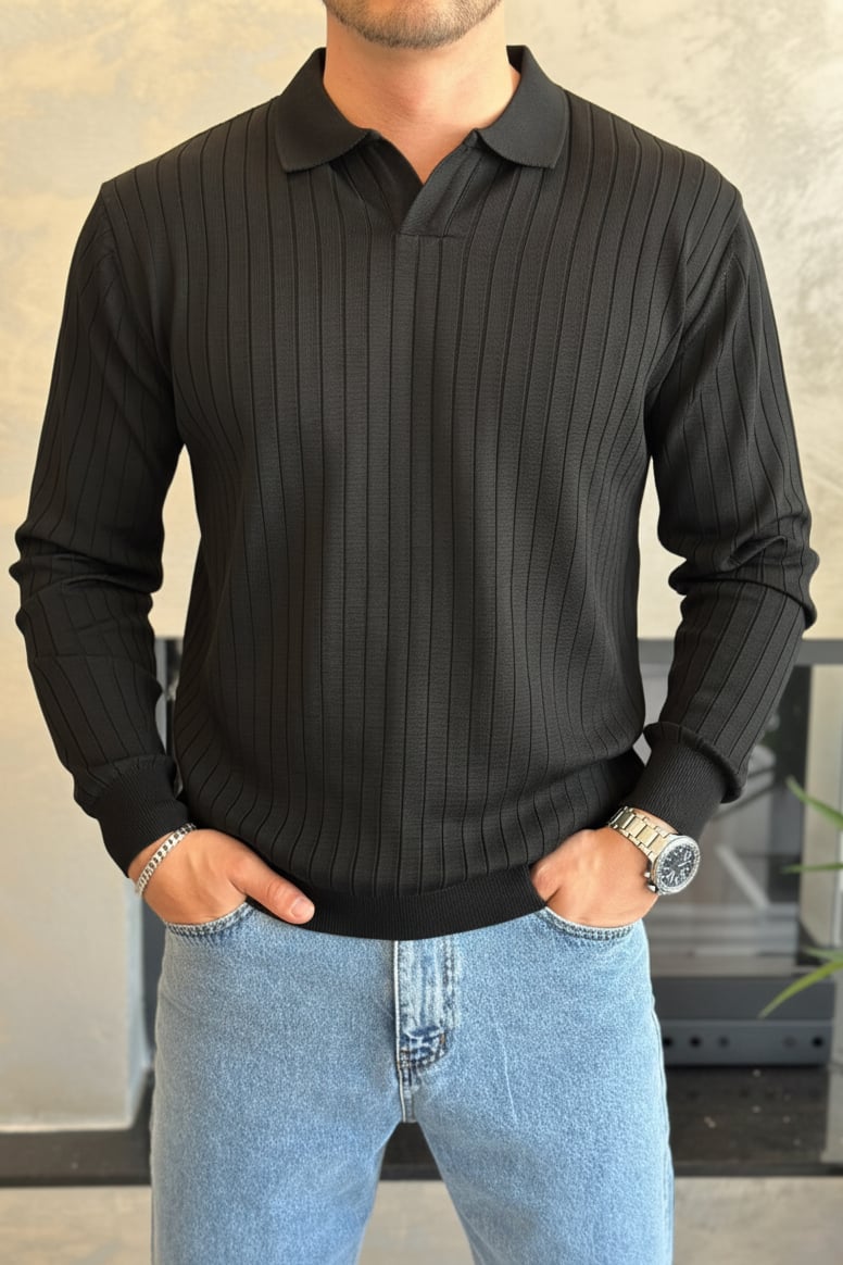 Erkek Regular Fit Polo Yaka Fitilli Triko Kazak Siyah Eca046