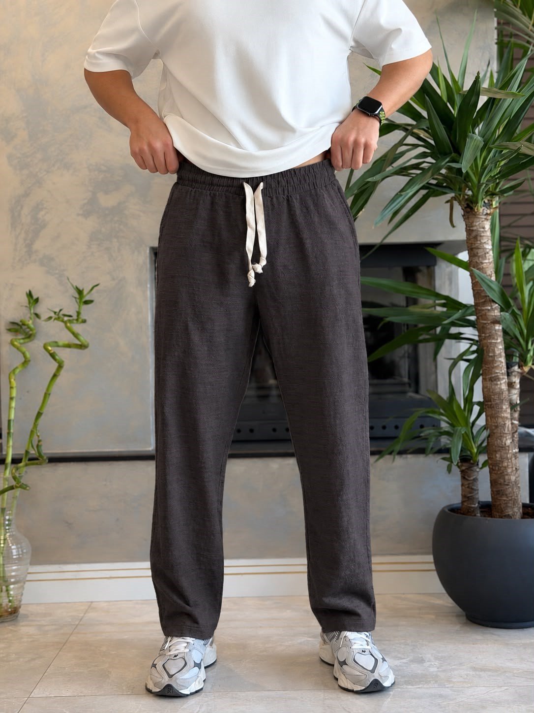 Erkek Relaxed Fit Beli Lastik ve Bağcıklı Keten Pantolon Kahverengi Eca062