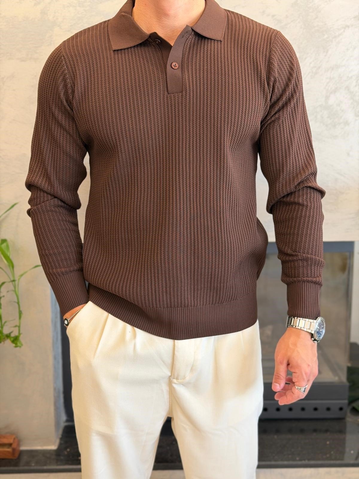 Erkek Relaxed Fit Düğme Kapama Polo Kazak Acı Kahve Eca090