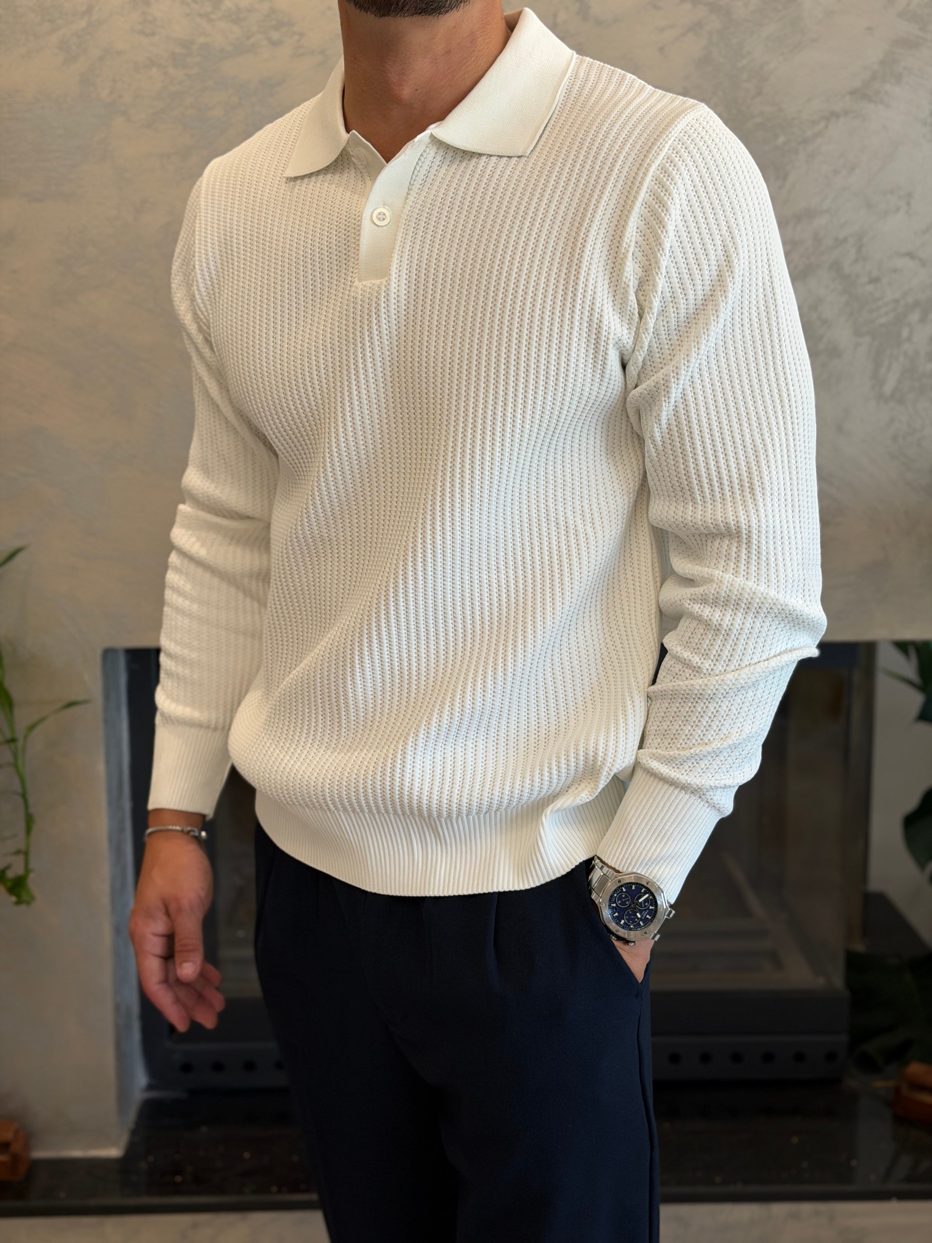 Erkek Relaxed Fit Düğme Kapama Polo Kazak Beyaz Eca090