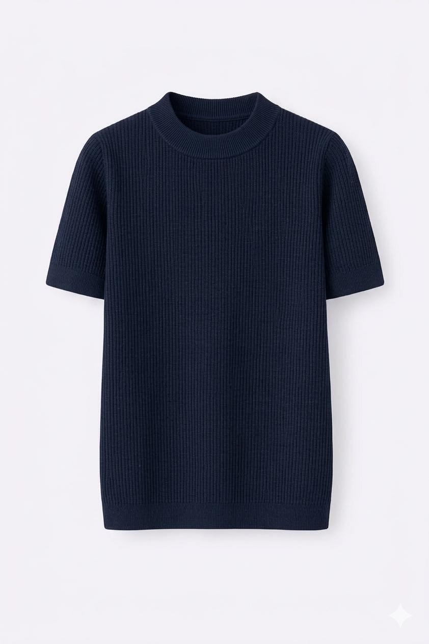 Erkek Relaxed Fit Fitilli Triko Tshirt Lacivert Eca069