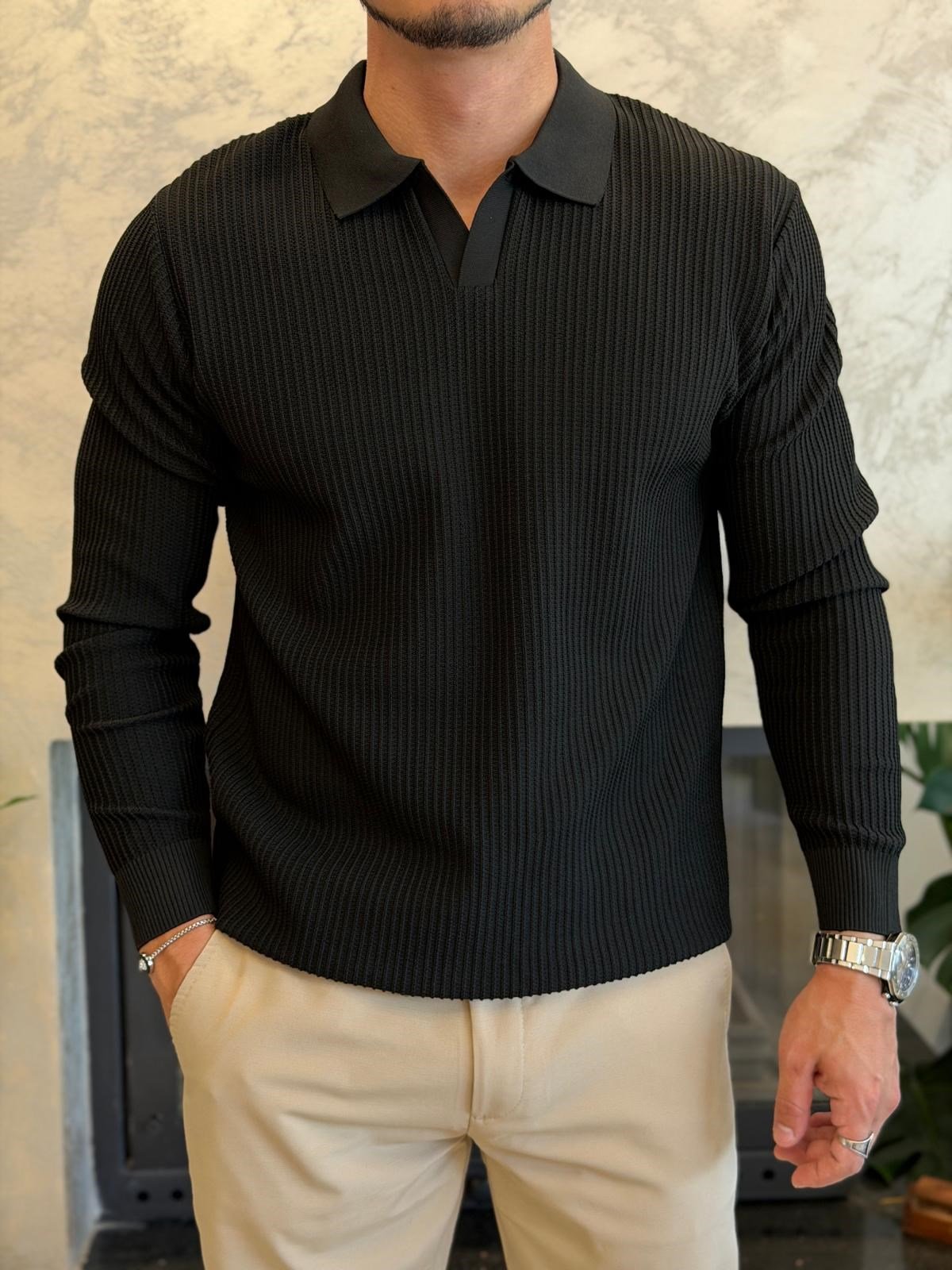 Erkek Relaxed Fit  Kapamasız Polo Kazak Siyah Eca092