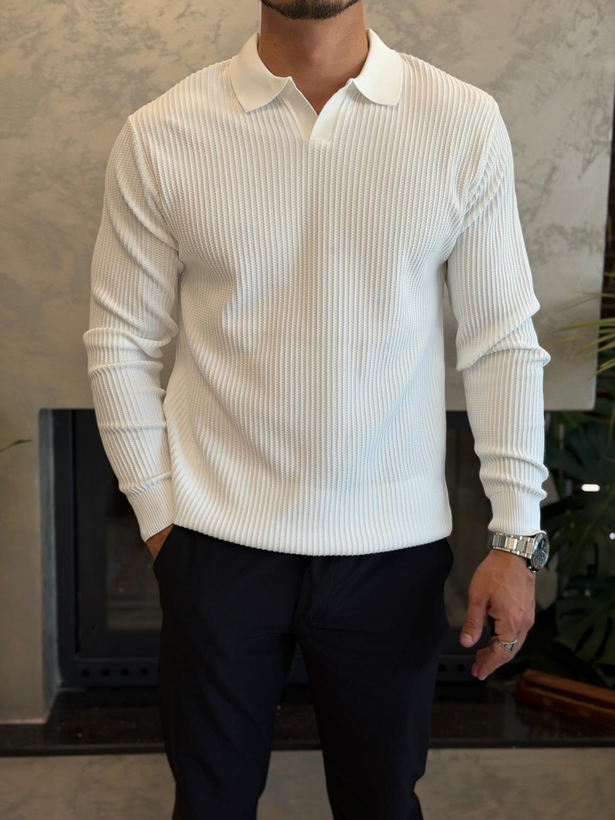 Erkek Relaxed Fit  Kapamasız Polo Kazak Beyaz Eca092