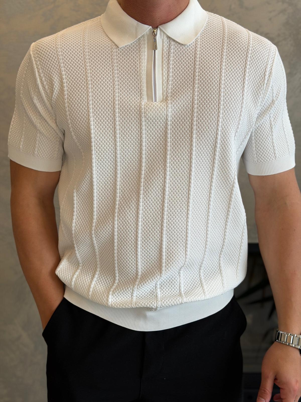 Erkek Relaxed Fit Petek Dokulu Triko Tshirt Beyaz Eca075