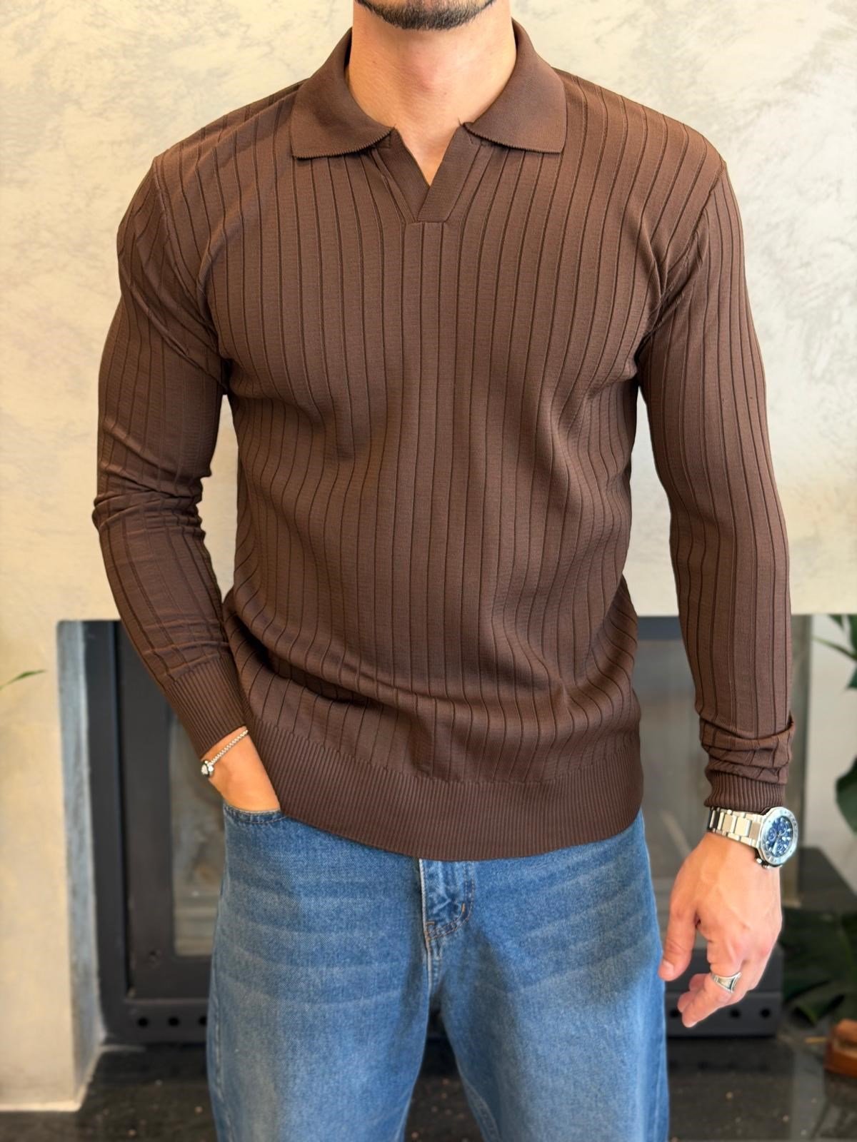 Erkek Slim Fit  Kapamasız Polo Kazak Acı Kahve Eca093