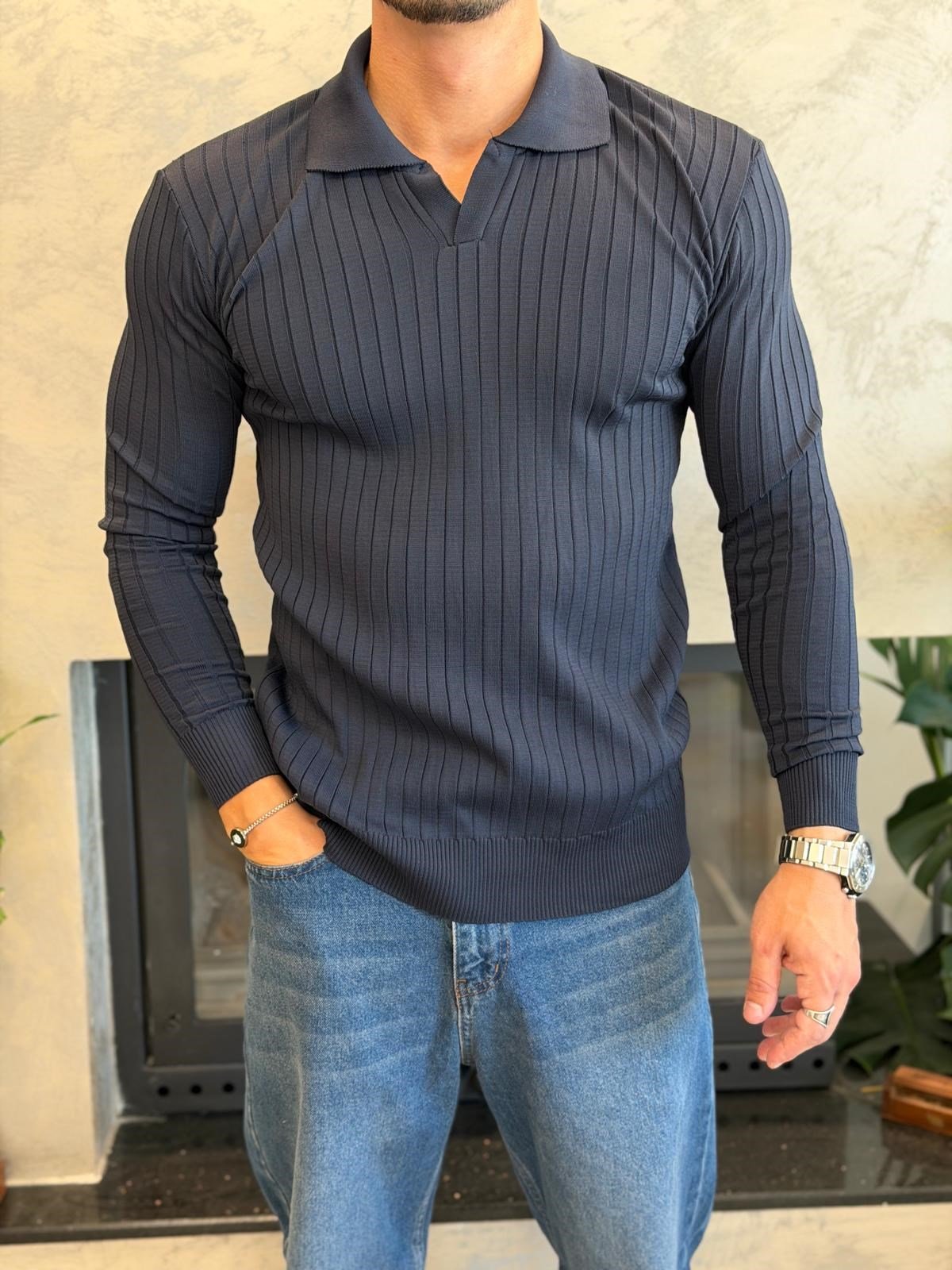 Erkek Slim Fit  Kapamasız Polo Kazak Lacivert Eca093