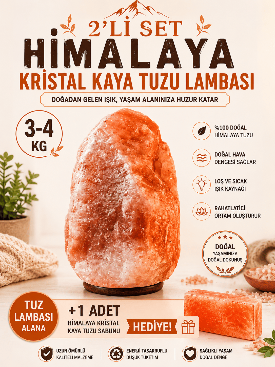3-4KG Himalaya Kristal Kaya Tuzu Lambası 1.5M Kablolu açma-kapama düğmeli