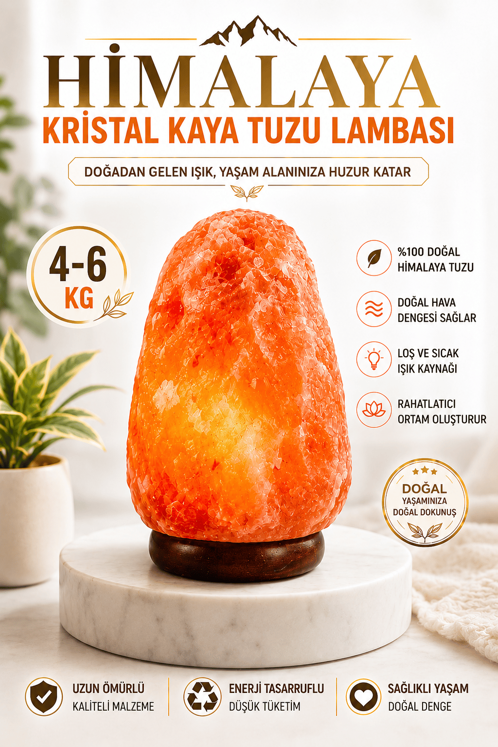 4-6 Kg Himalaya Kristal Kaya Tuzu Lambası+ 1,5 Metre Açma-Kapama Düğmeli
