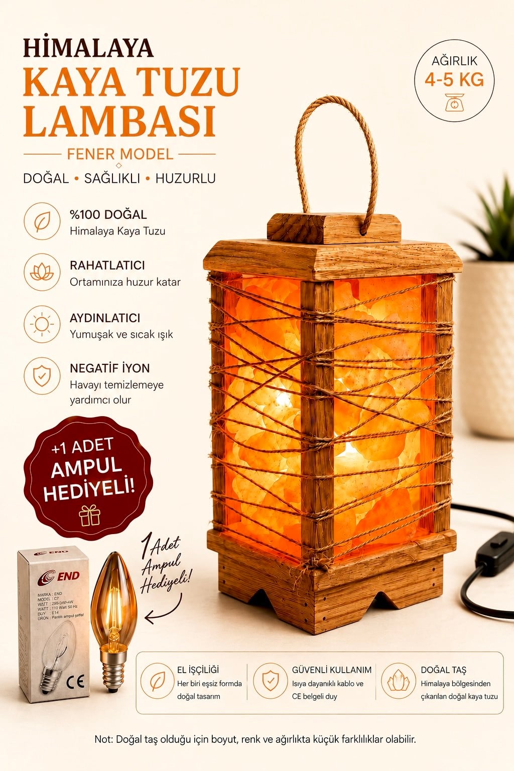 Dekoratif Çankırı Kaya Tuzu Lambası 4-5Kg Açma-Kapama Düğmeli 1.5m Kablolu