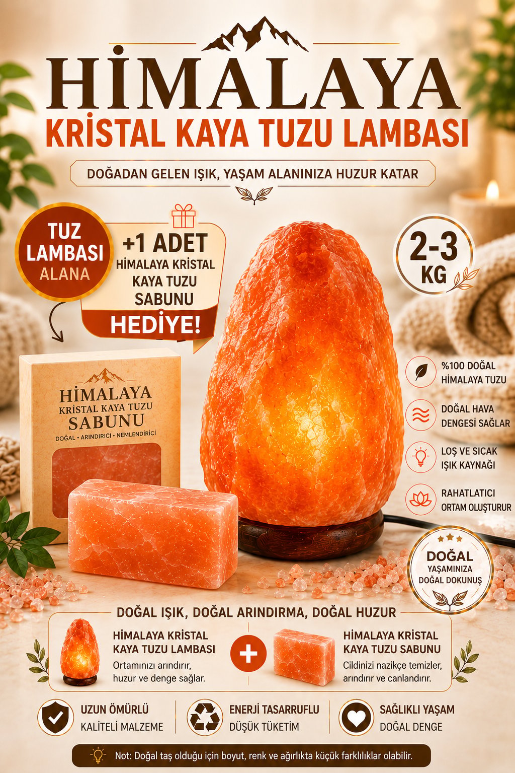 Himalaya Kaya Tuzu Tuz Lambası 2-3 Kg Doğal Gece Lambası (Kablo+Ampul)
