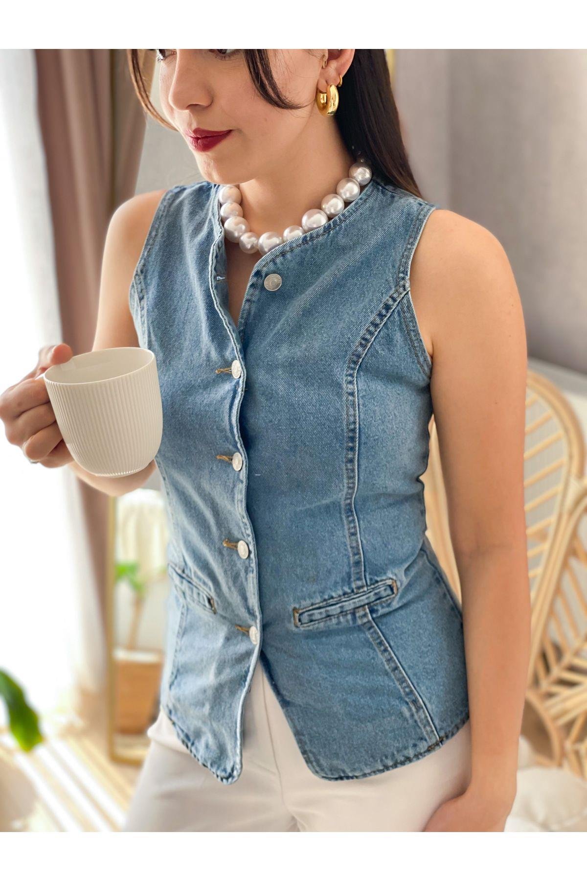 kadın denim yelek