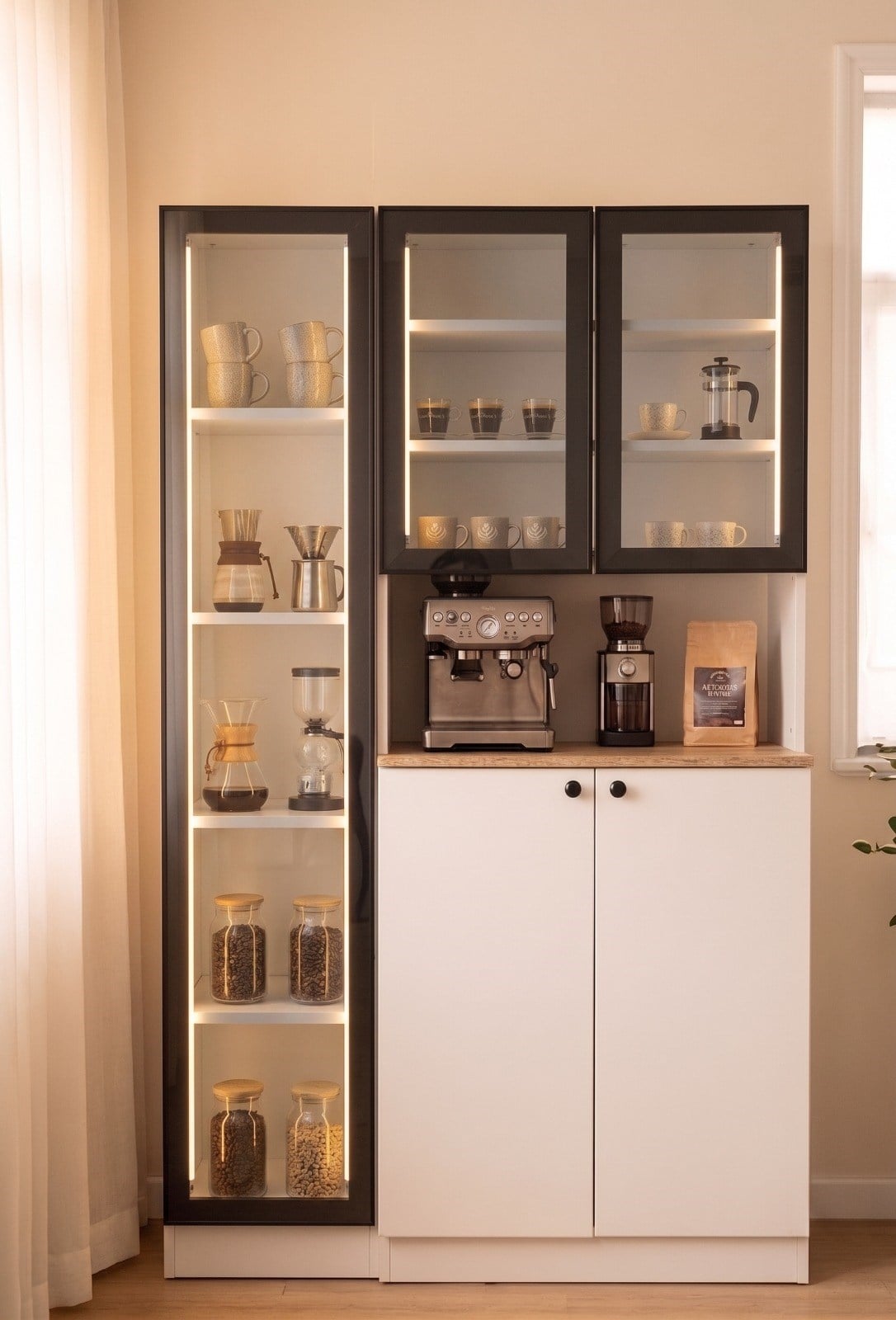Alüminyum Kapaklı LED Aydınlatmalı Füme Camlı Kahve Dolabı