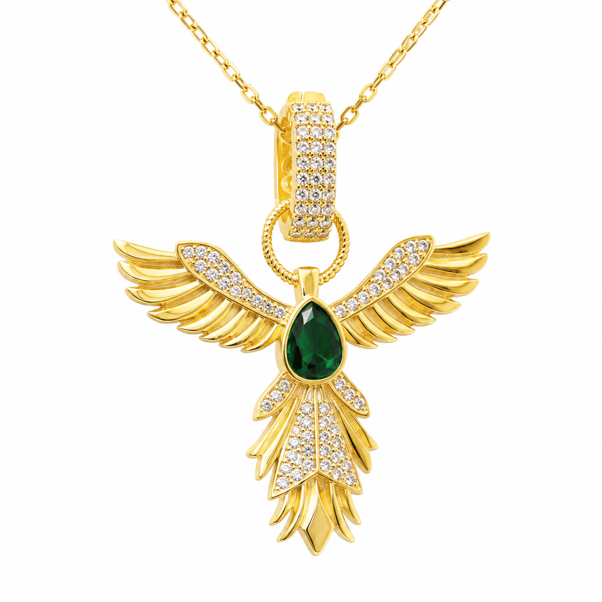 Gümüş Gold Zümrüt Taşlı Anka Kuşu Kadın Kolye