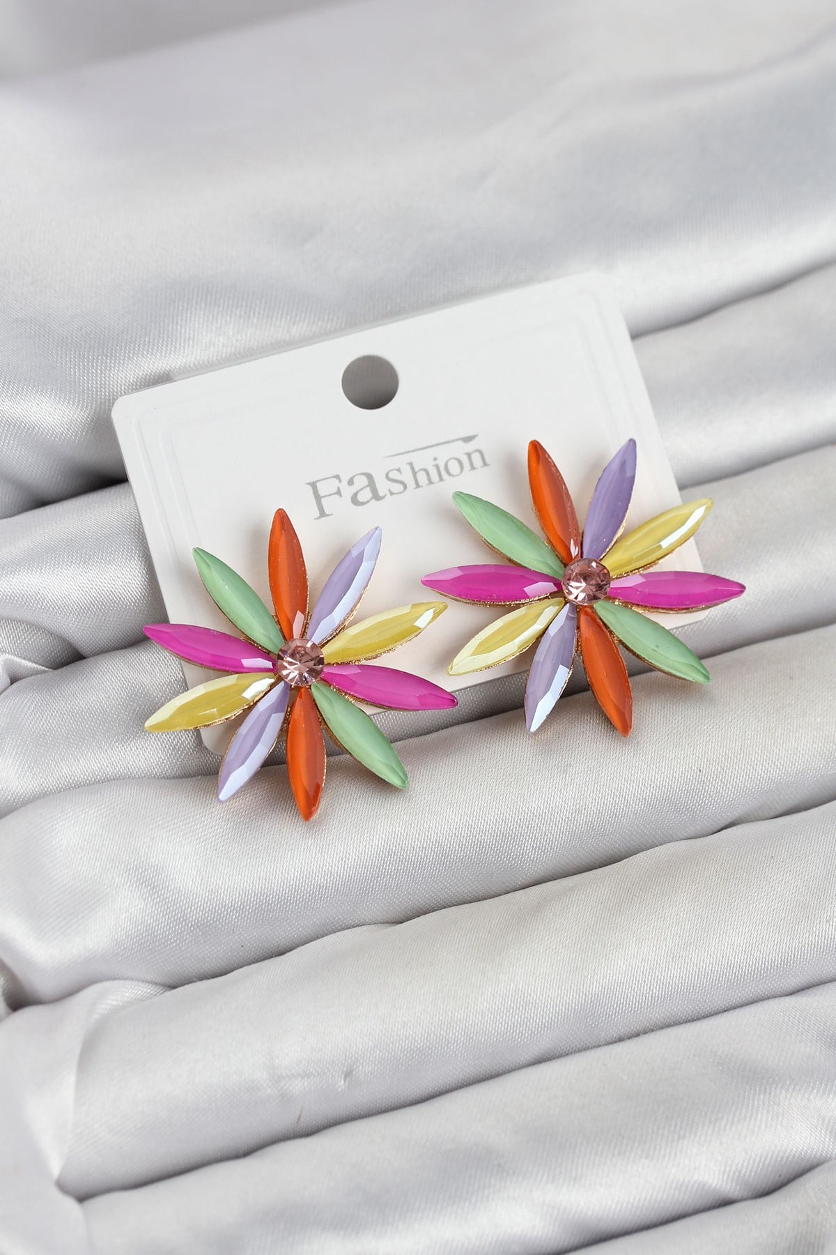 Karışık Renk Kristal Taşlı Lotus Model Kadın Küpe