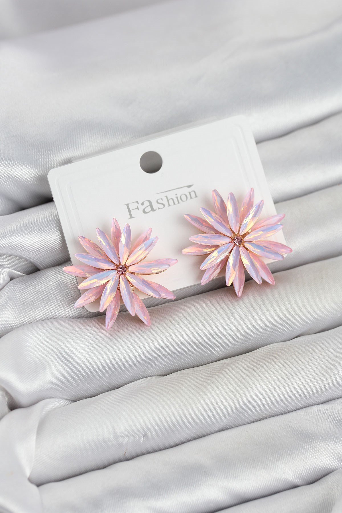 Lotus Model Pembe Renk Kristal Taşlı Kadın Küpe