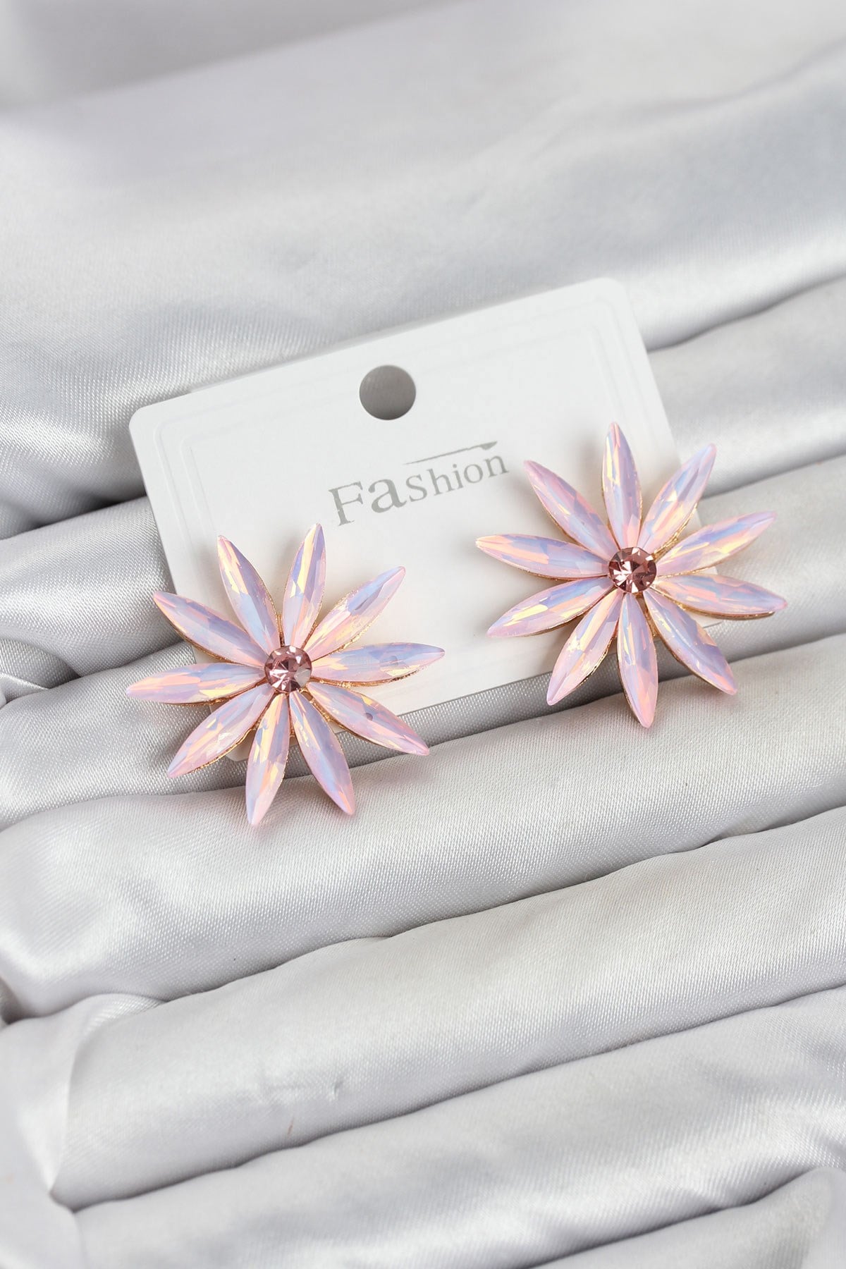 Pembe Kristal Taşlı Lotus Model Kadın Küpe