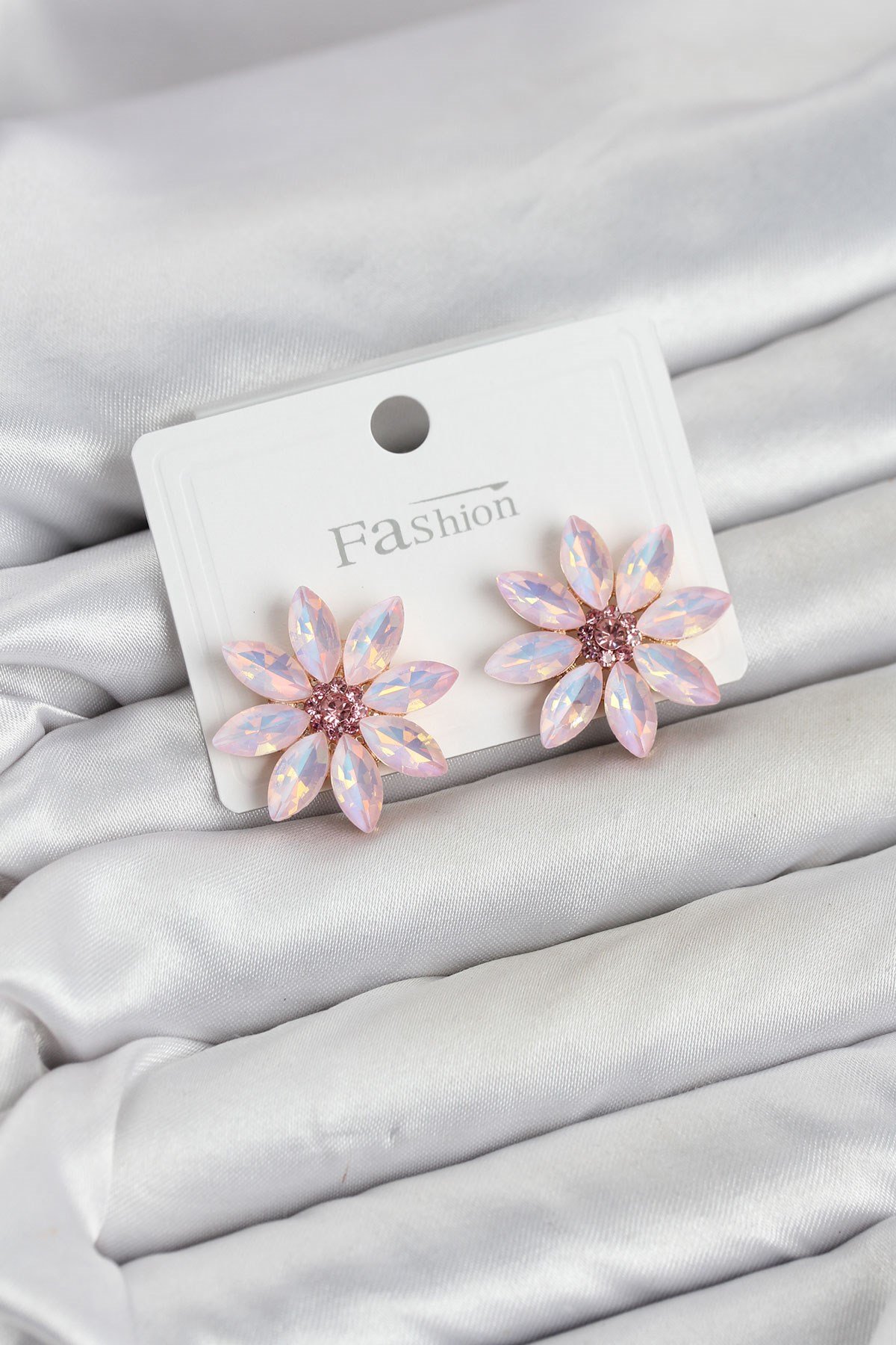 Pembe Renk Kristal Taşlı Lotus Çiçek Model Kadın Küpe