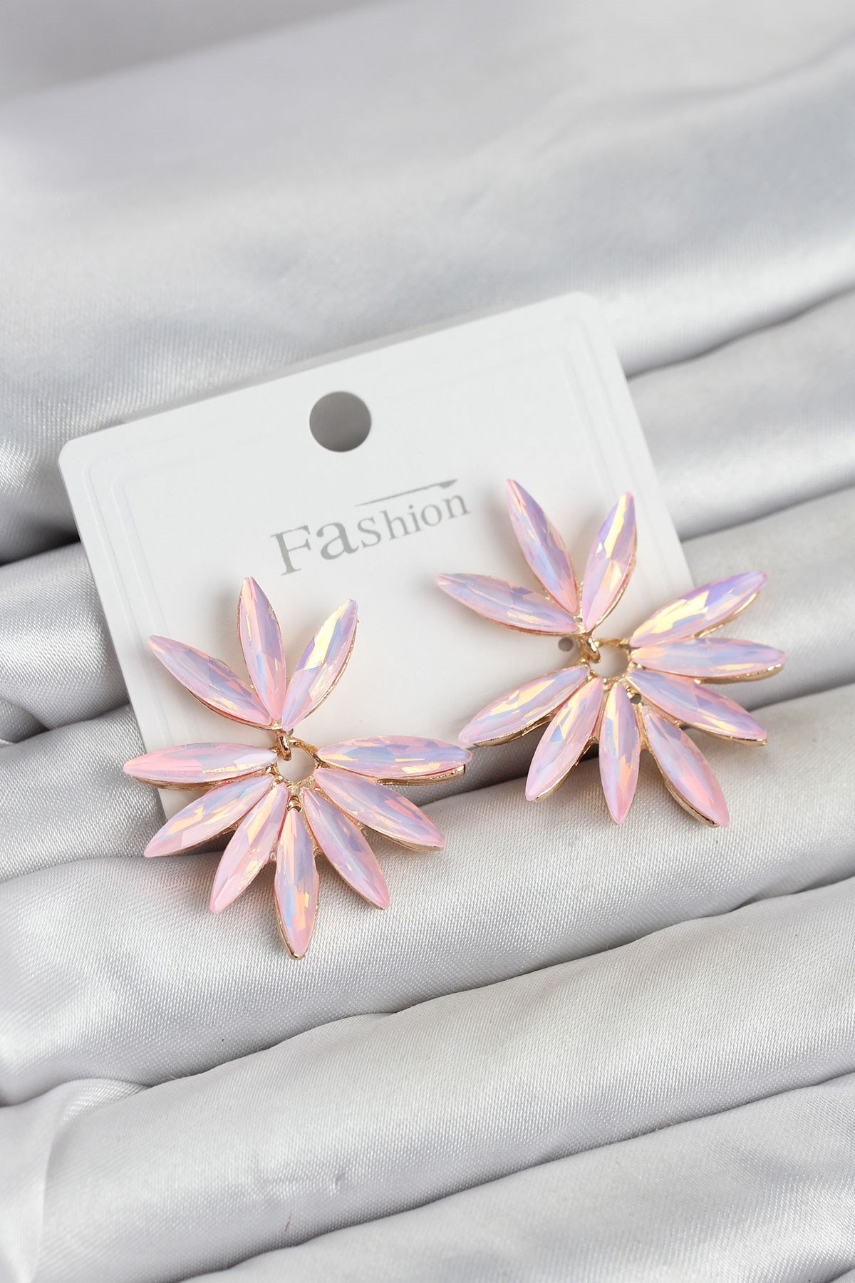 Pembe Renk Kristal Taşlı Lotus Model Kadın Küpe