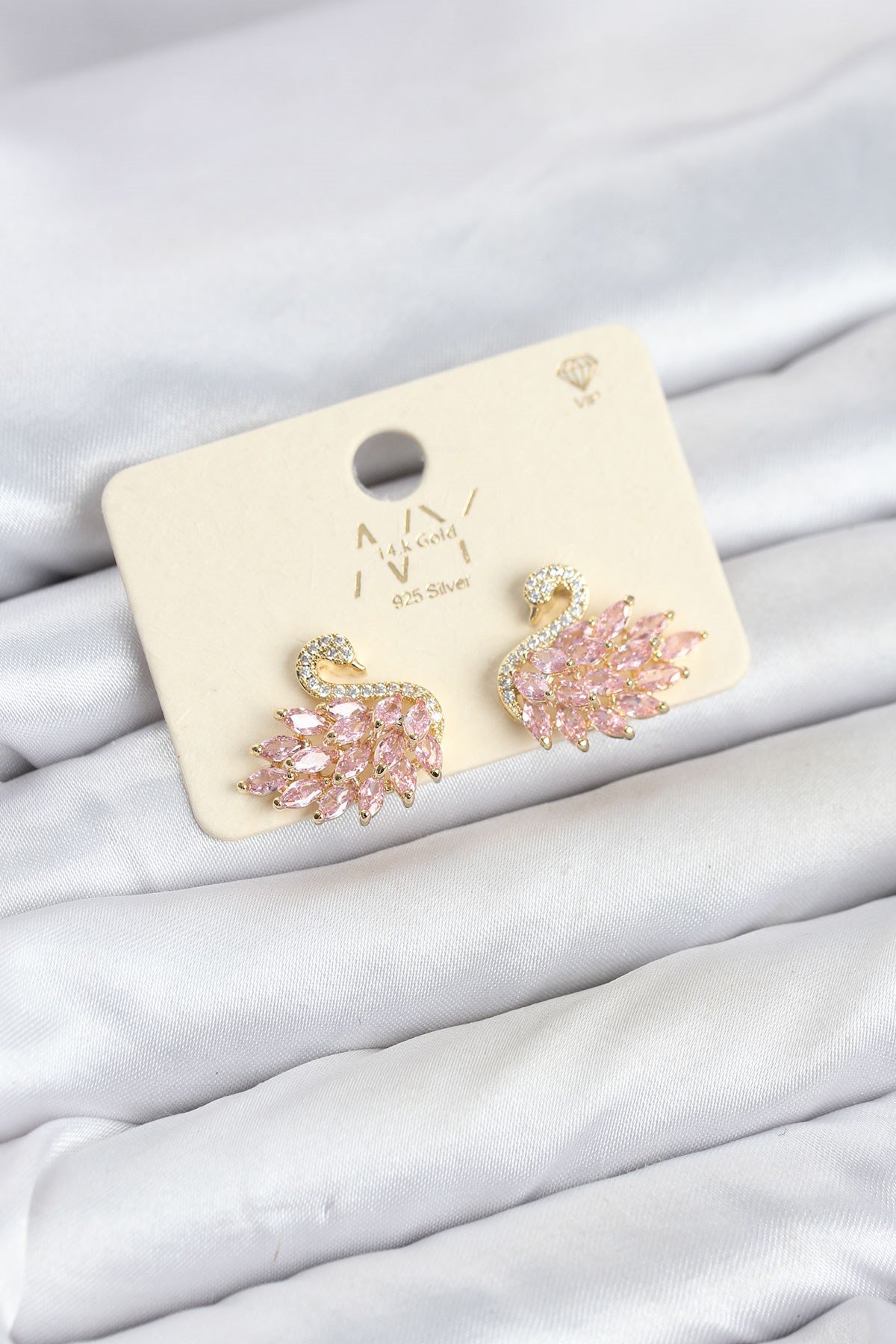 Pembe Zirkon Taşlı Gold Swan Kuğu Model Kadın Küpe