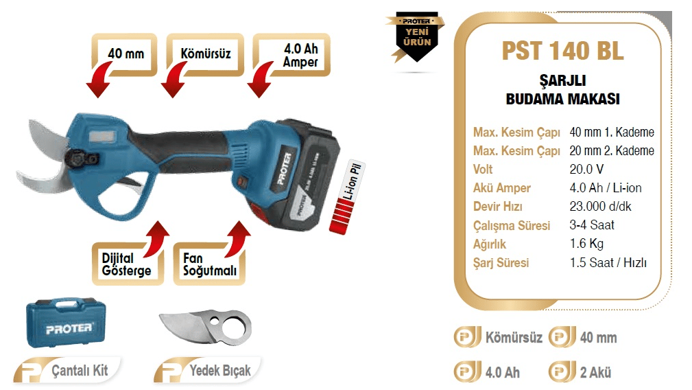 PST 140 BL 40 mm Kesim 4.0 Ah 20  V Li-ion Kömürsüz Şarjlı Budama Makası 