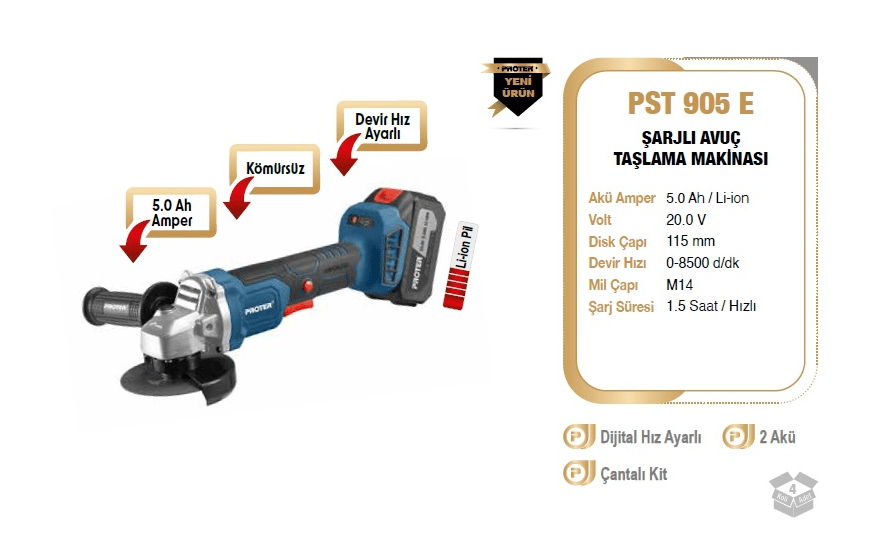 PST 905 E 115 mm  5.0 Ah 20 V Li-ion Pil Kömürsüz Elkt.Hız Şarjlı Avuç Taşlama 