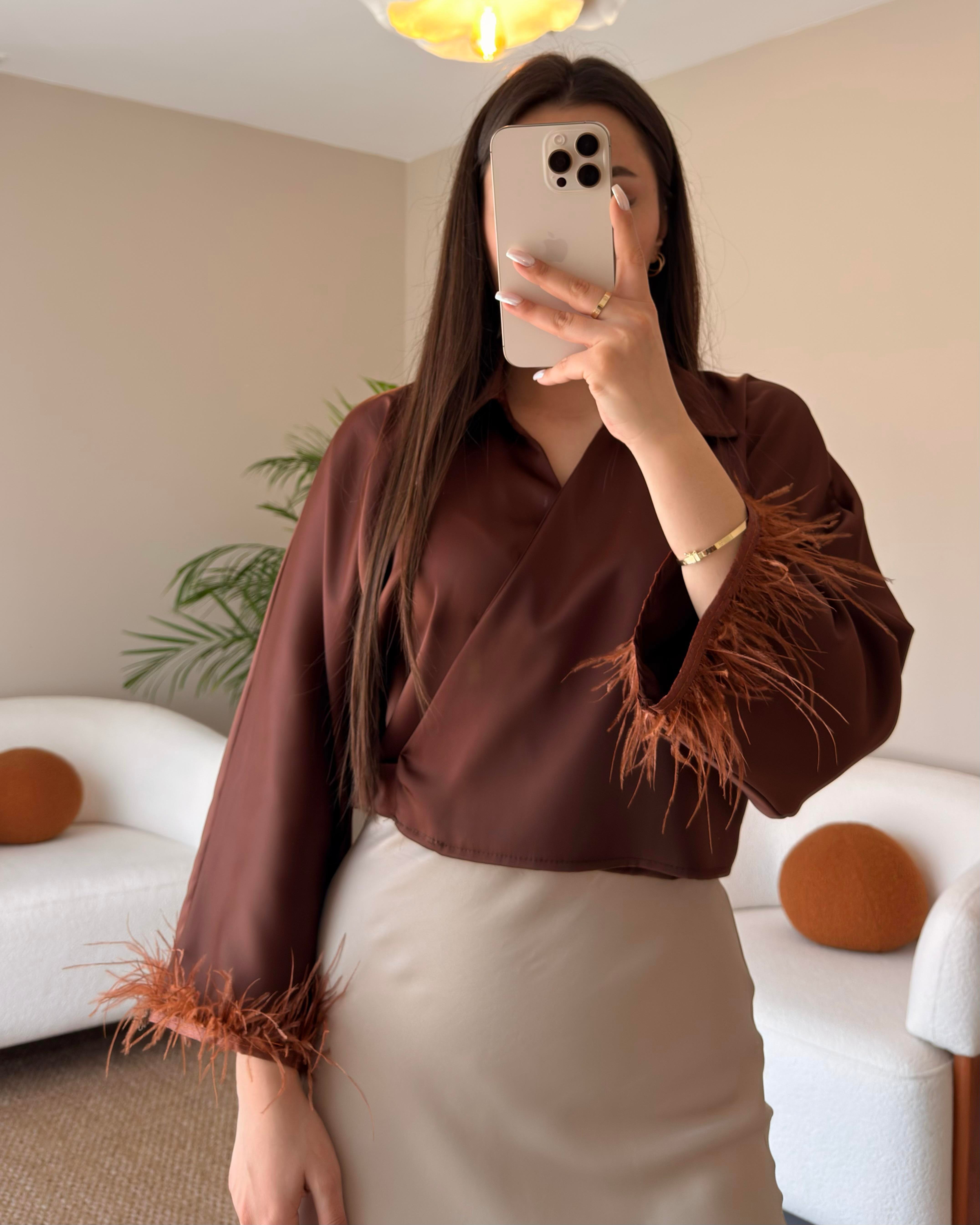 OTRİŞLİ KAHVE SATEN GÖMLEK