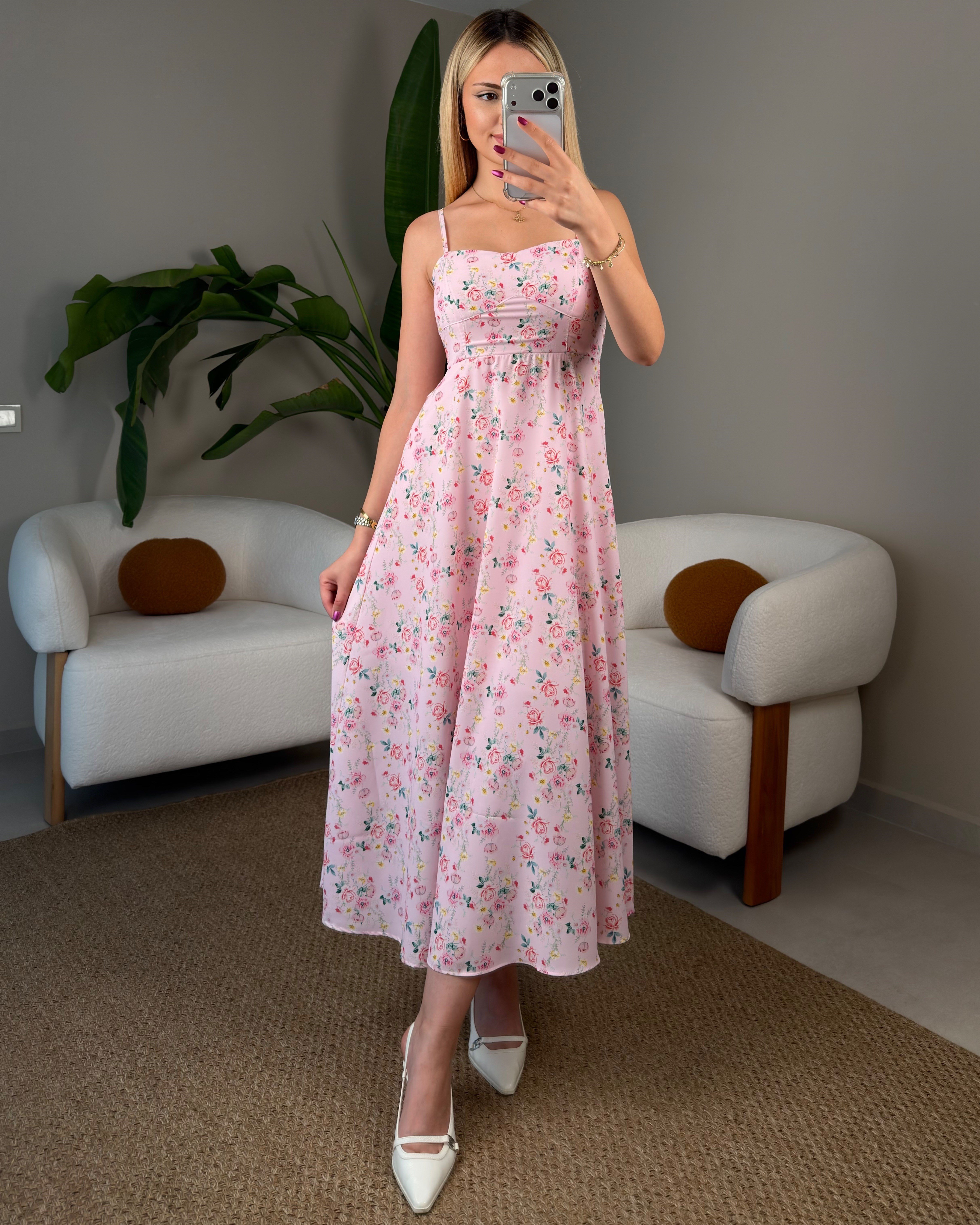 PEMBE ÇİÇEKLİ ELBİSE