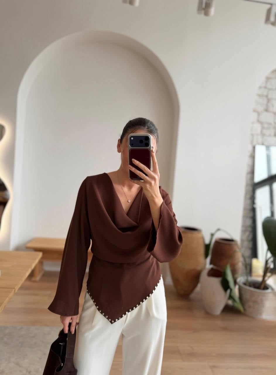 ZIMBALI ASİMETRİK BLUZ KAHVE