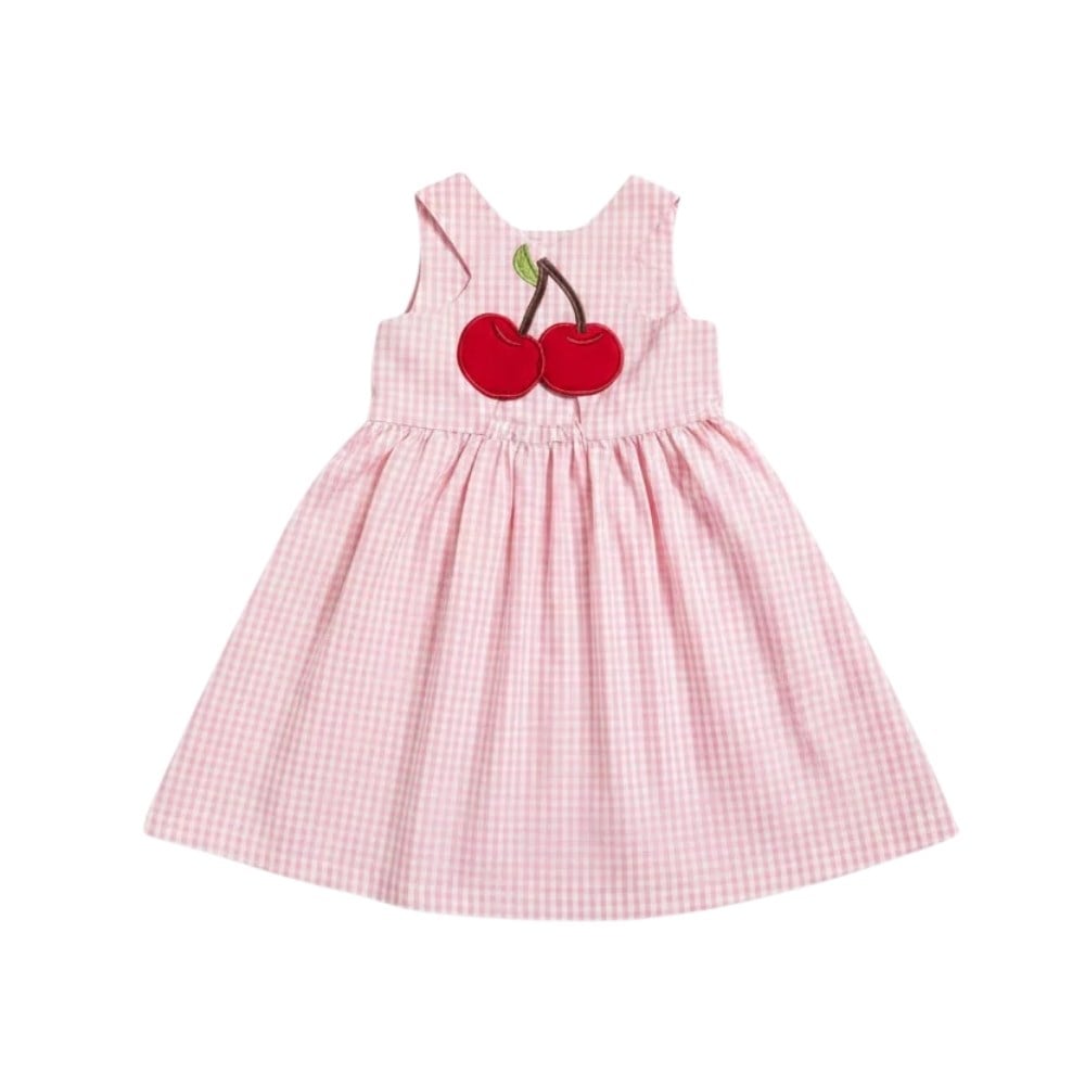 Cherry Detaylı Pembe Ekose Elbise
