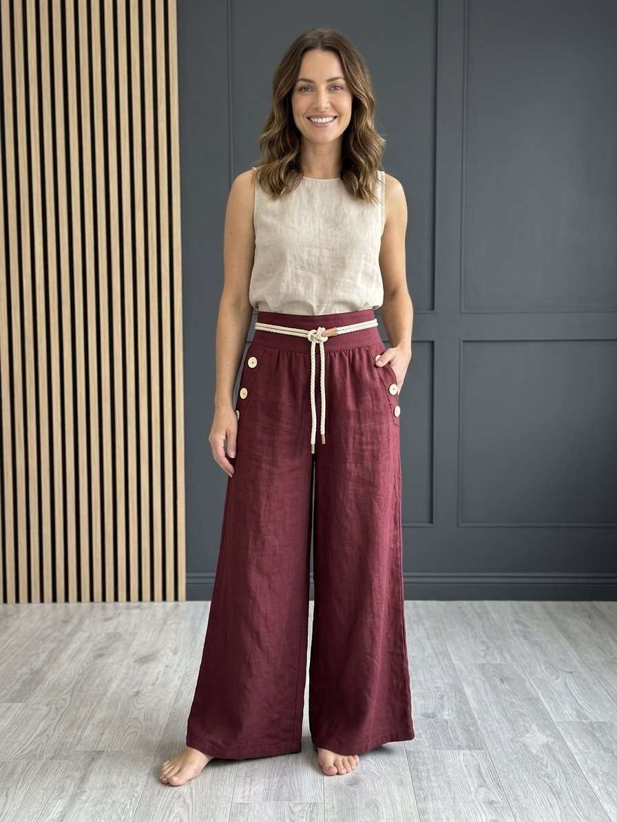 CEBİ DÜĞMELİ HASIR KEMERLİ KETEN PANTOLON