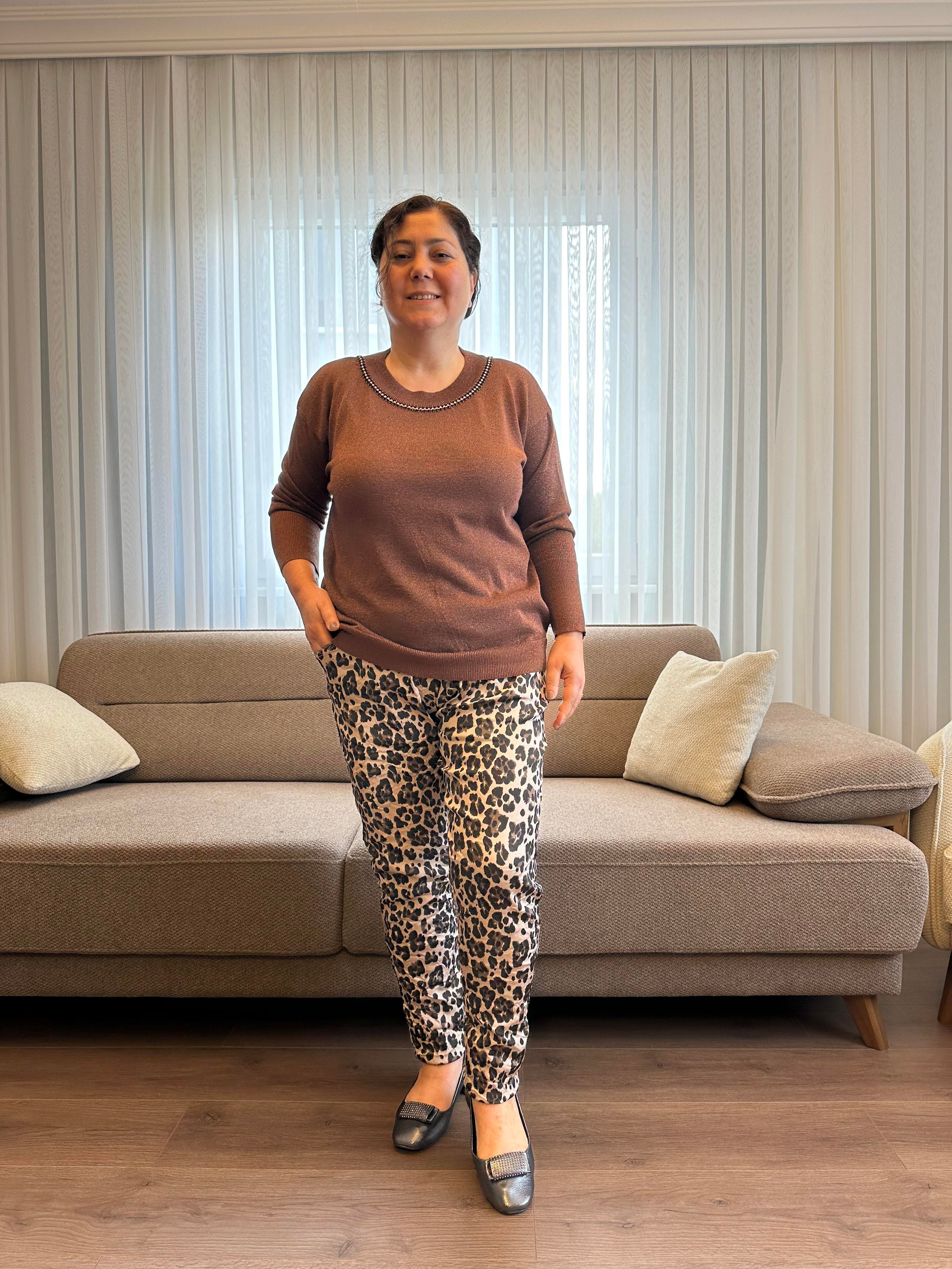 Leopar Desenli İtalyan Saten Pantolon
