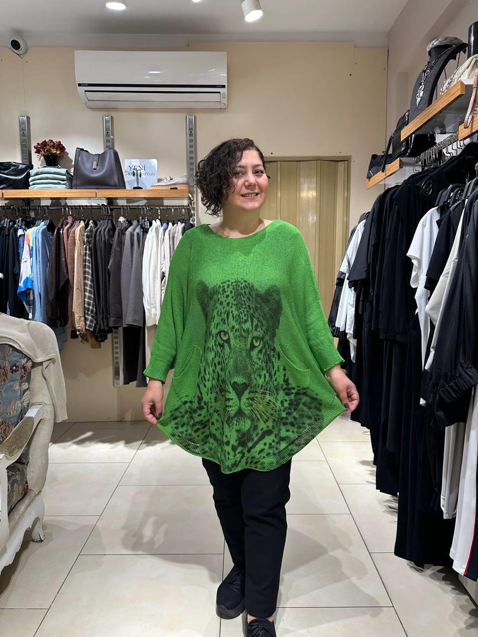 Leopar Desenli Pamuklu Merserize Oversize Bluz