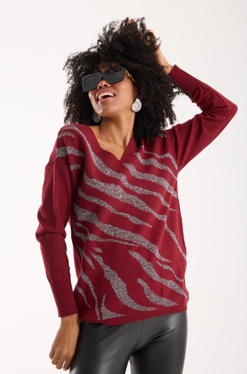 Zebra Desenli Simli Triko | Parlak Dokulu Çok Satan Model
