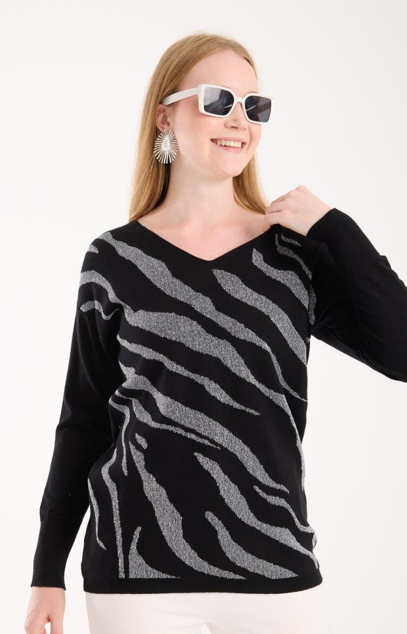 Zebra Desenli Simli Triko | Parlak Dokulu Çok Satan Model
